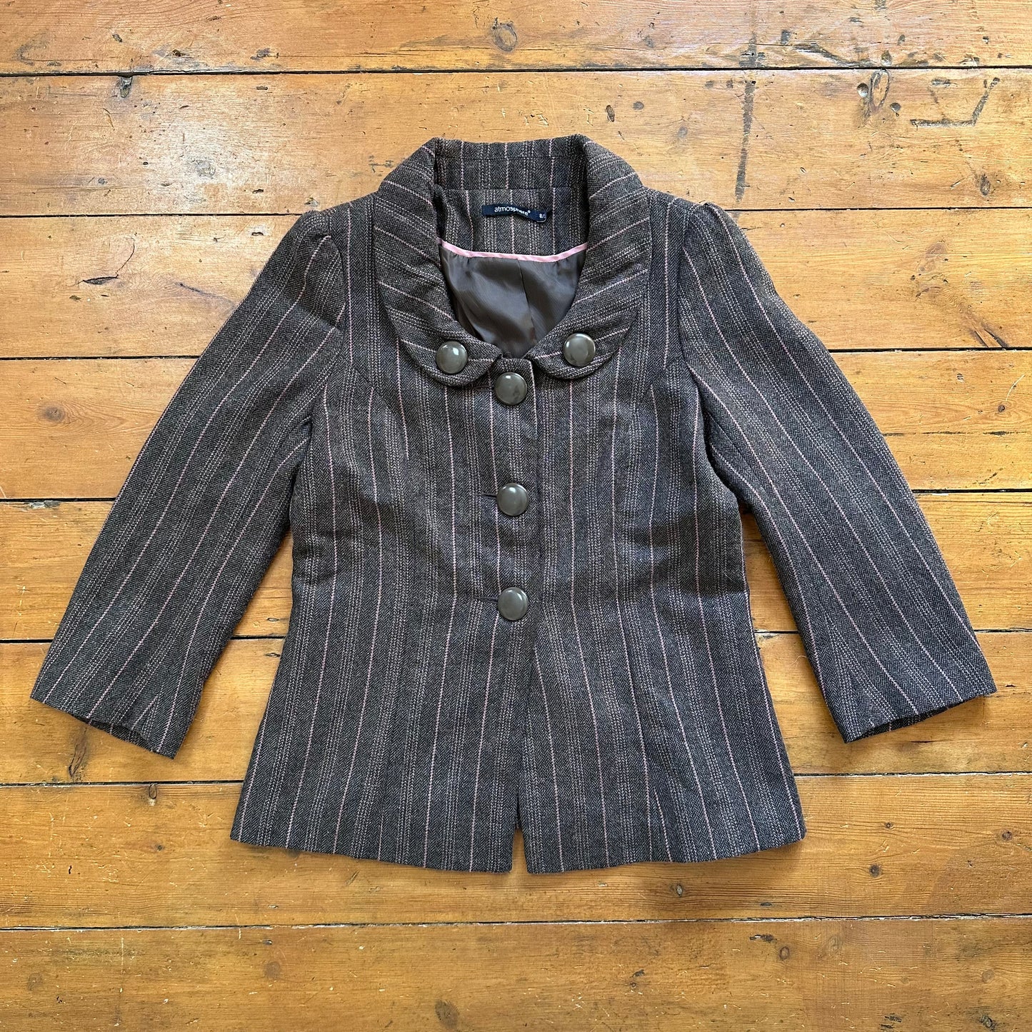 vintage 00s brown and pink striped peacoat jacket