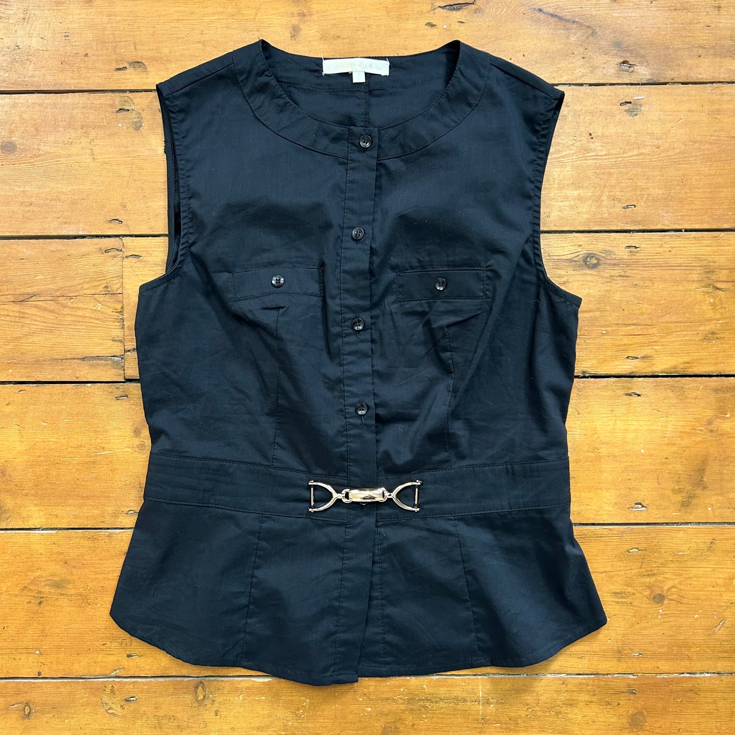 vintage 00s silver buckle black button up sleeveless shirt