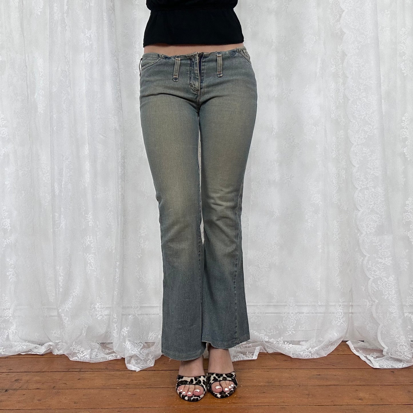 vintage 00s washed denim low rise raw hem jeans