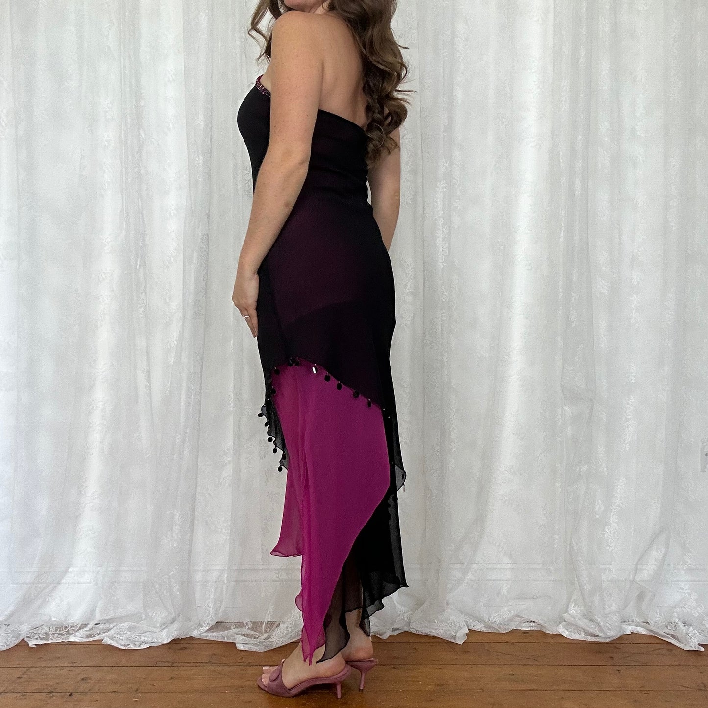 vintage 00s rene derhy pink and black sequin mesh midi dress