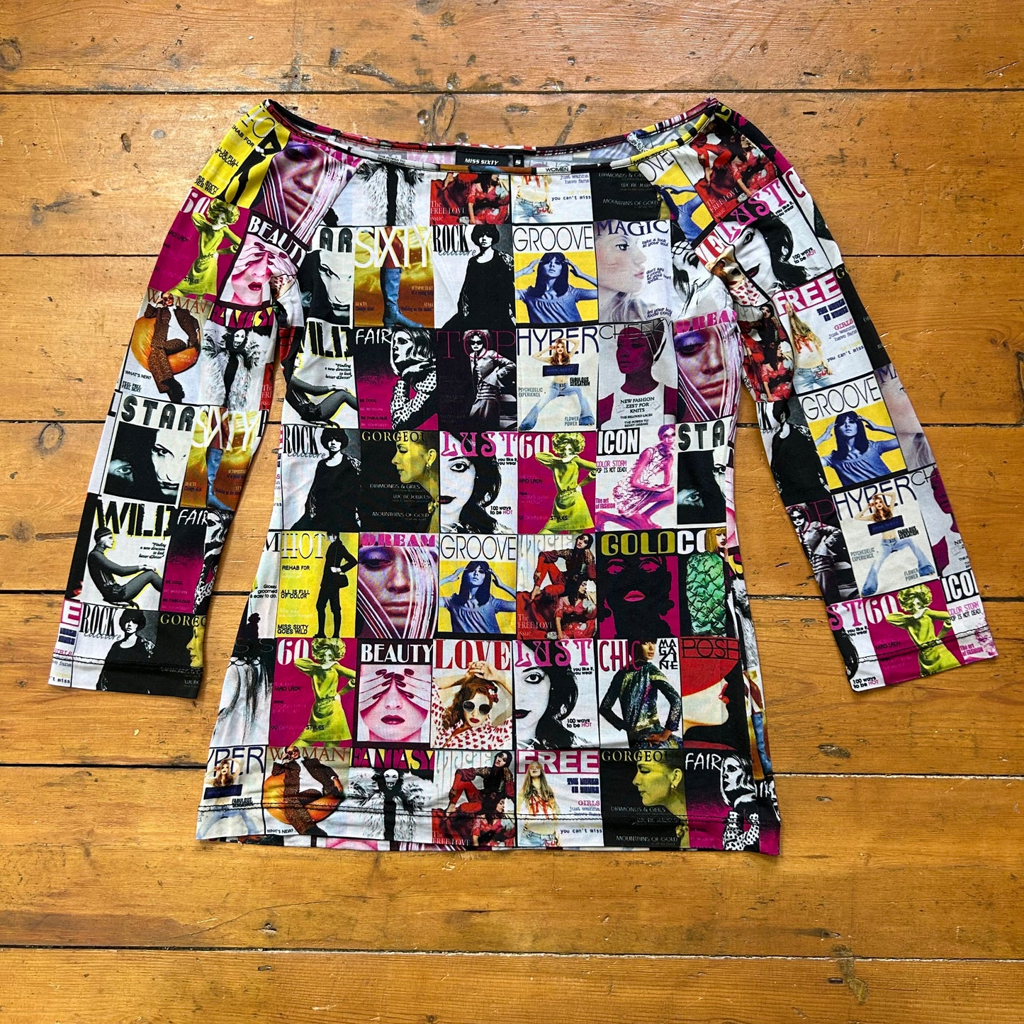 vintage 00s miss sixty magazine graphic top