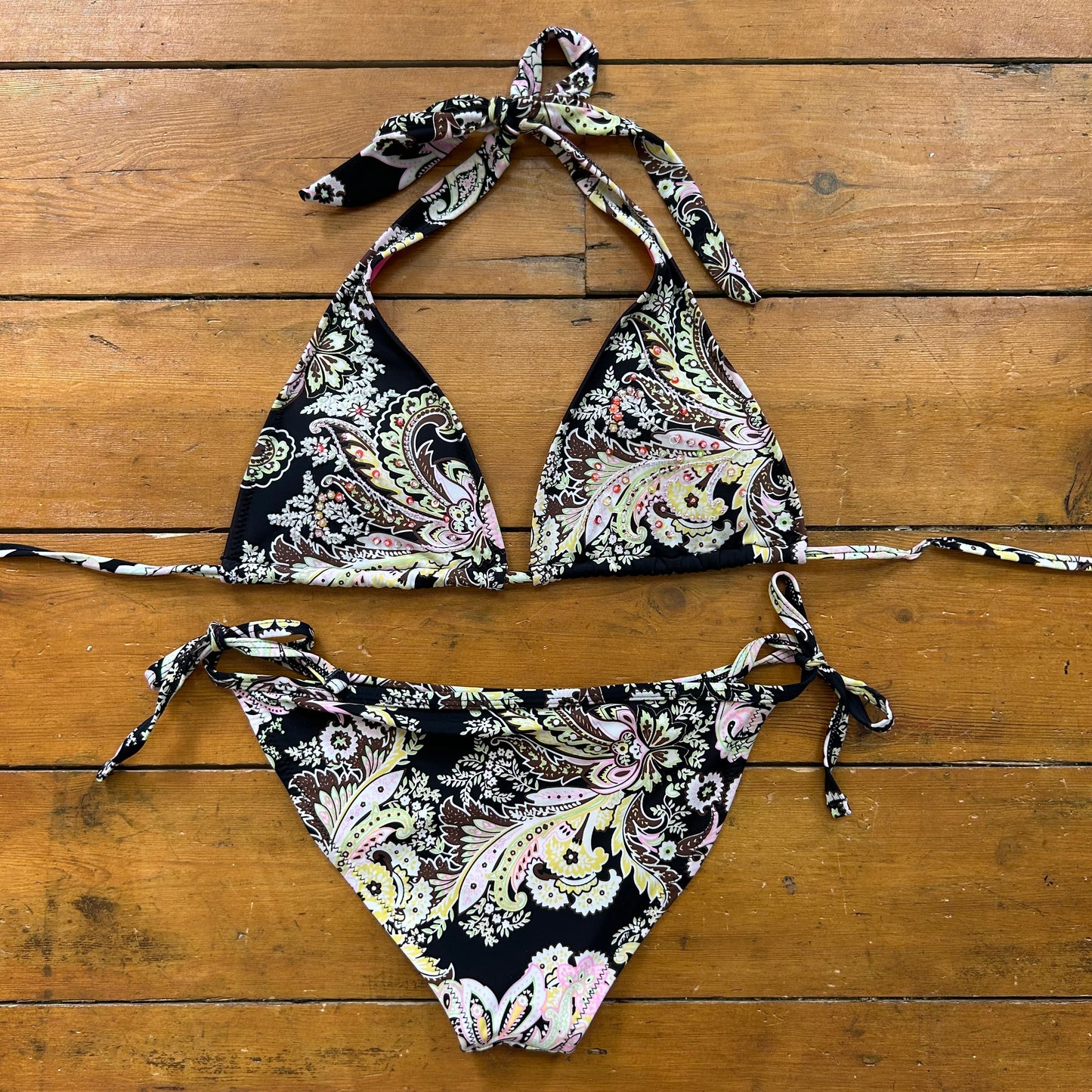 vintage 00s black paisley beaded sequin bikini set