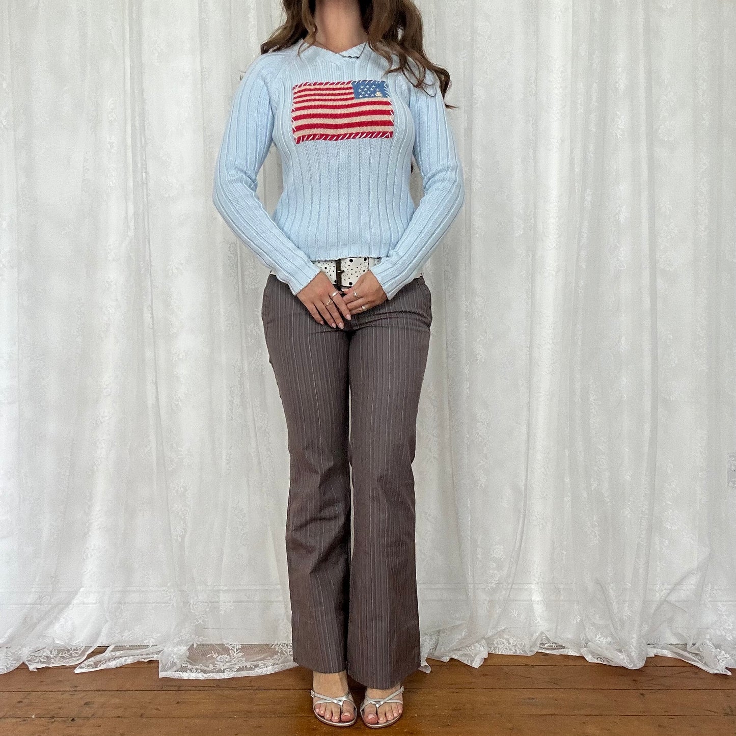 vintage 00s baby blue knitted flag jumper