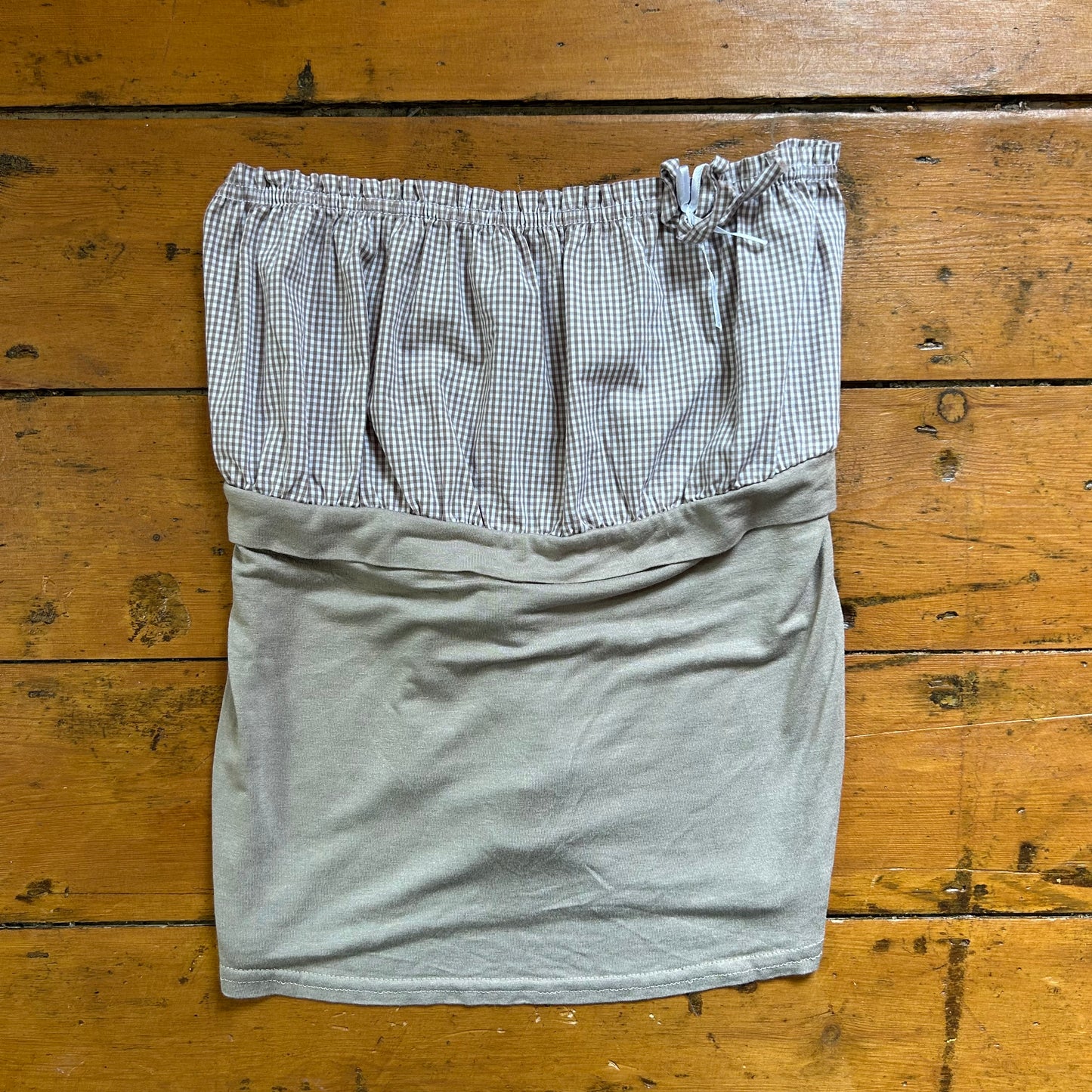 vintage 00s beige gingham strapless tie back top