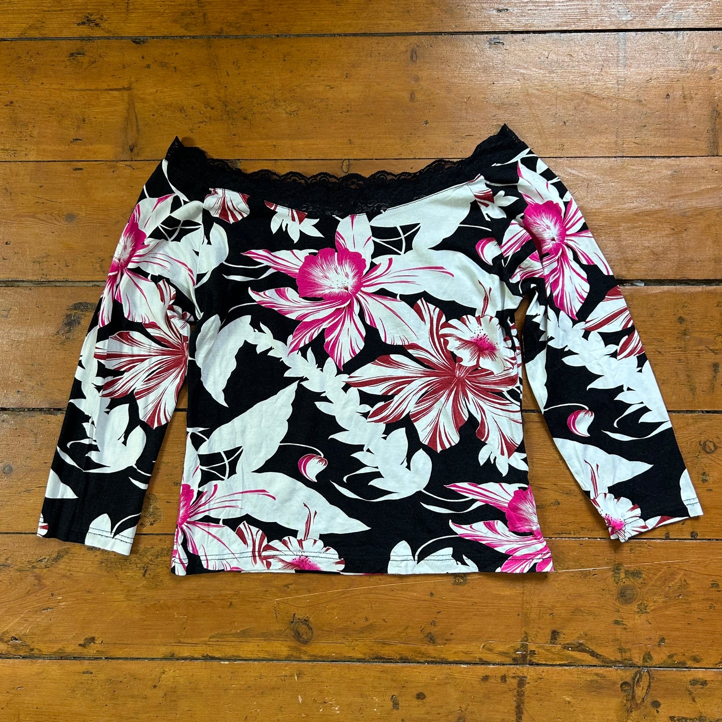 vintage 00s black floral off shoulder top