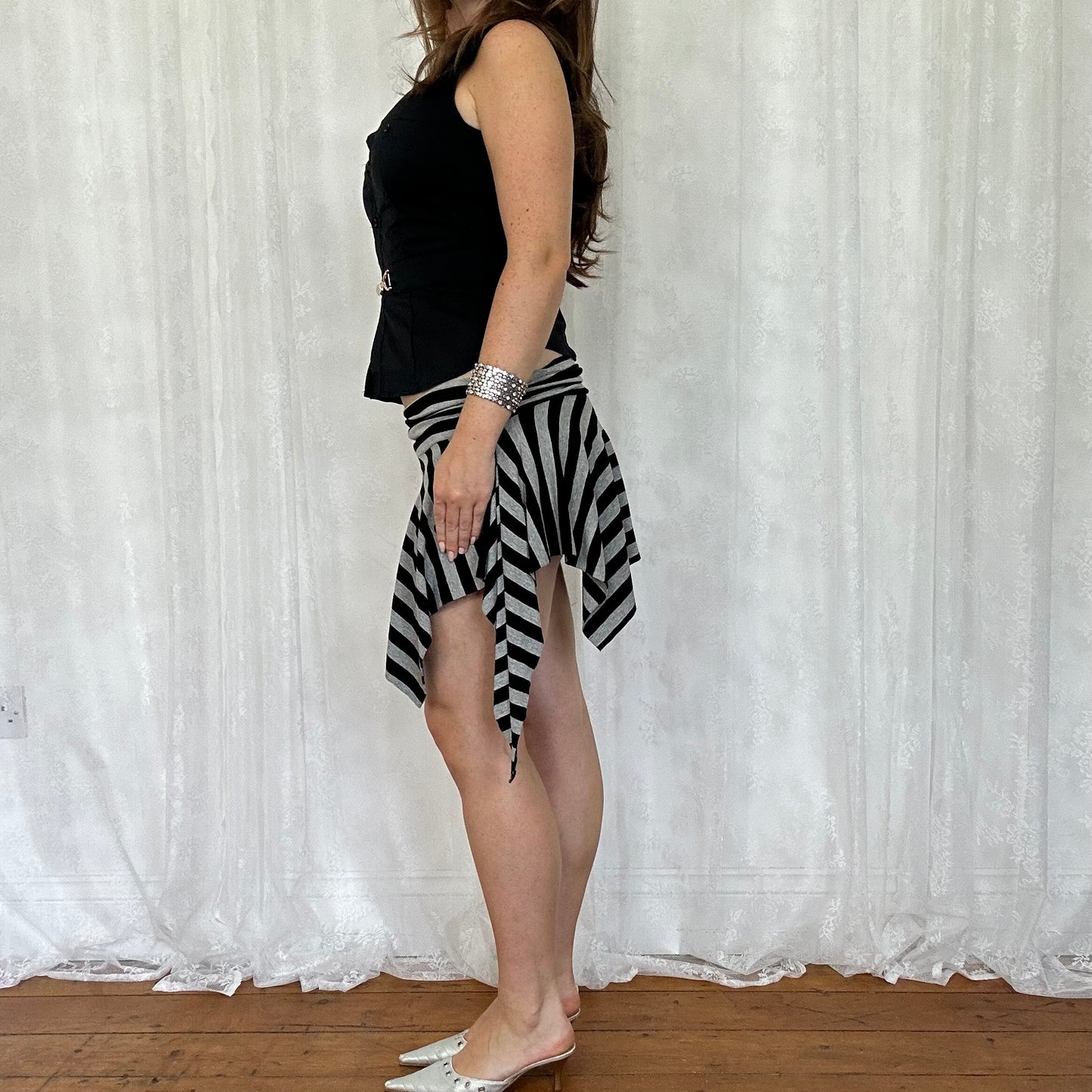 vintage 00s pimkie black and grey stripey asymmetrical mini skirt