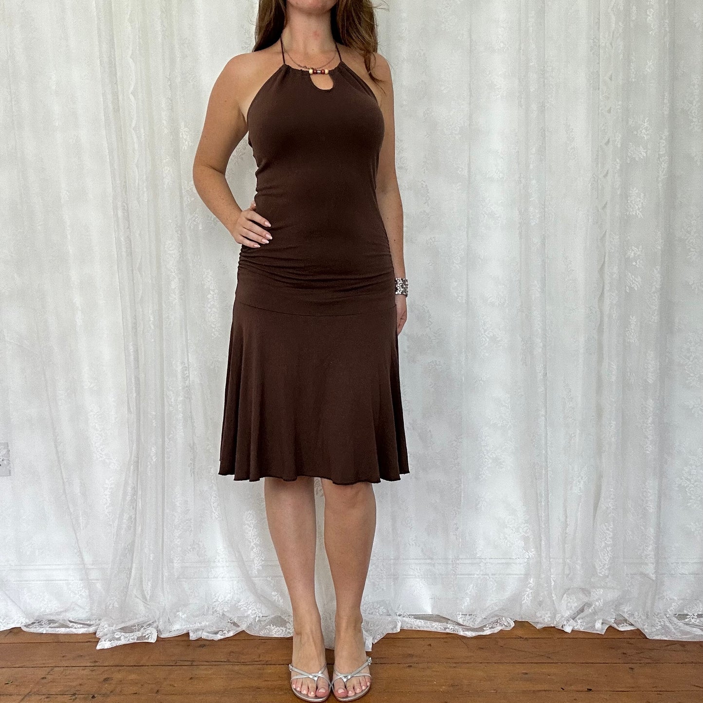 vintage 00s brown halter midi dress with bead detailing