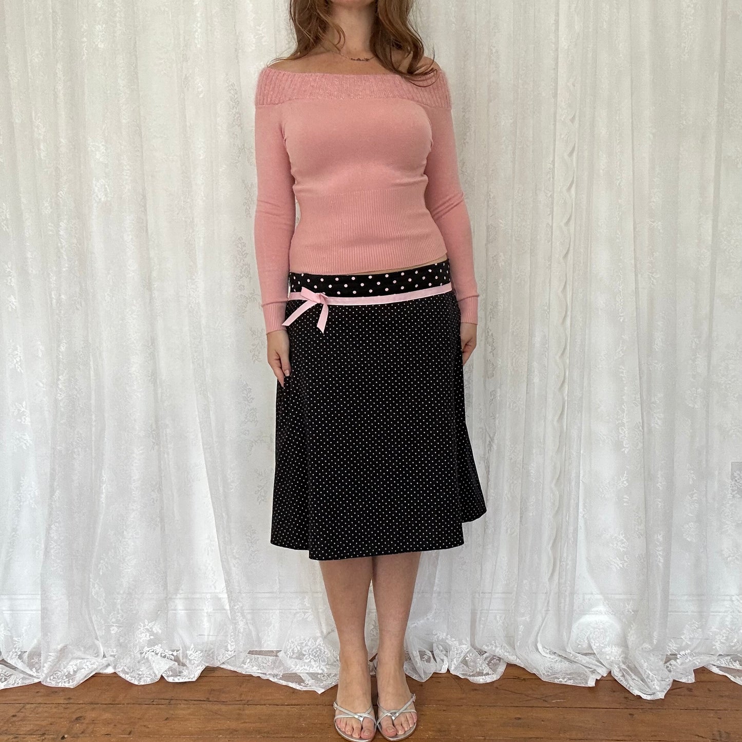 vintage 00s black and pink polka dot midi skirt