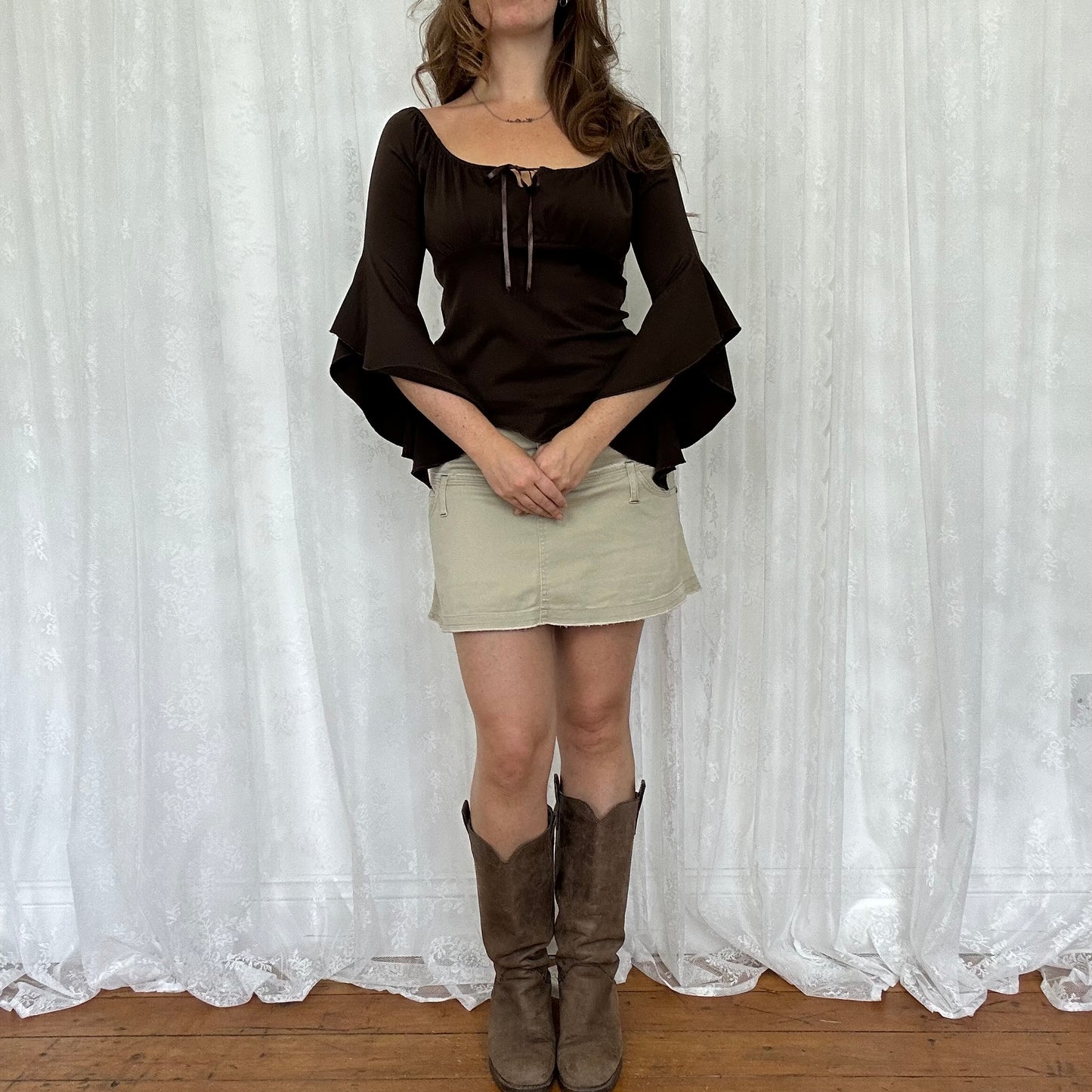 vintage 00s brown flared sleeve milkmaid top