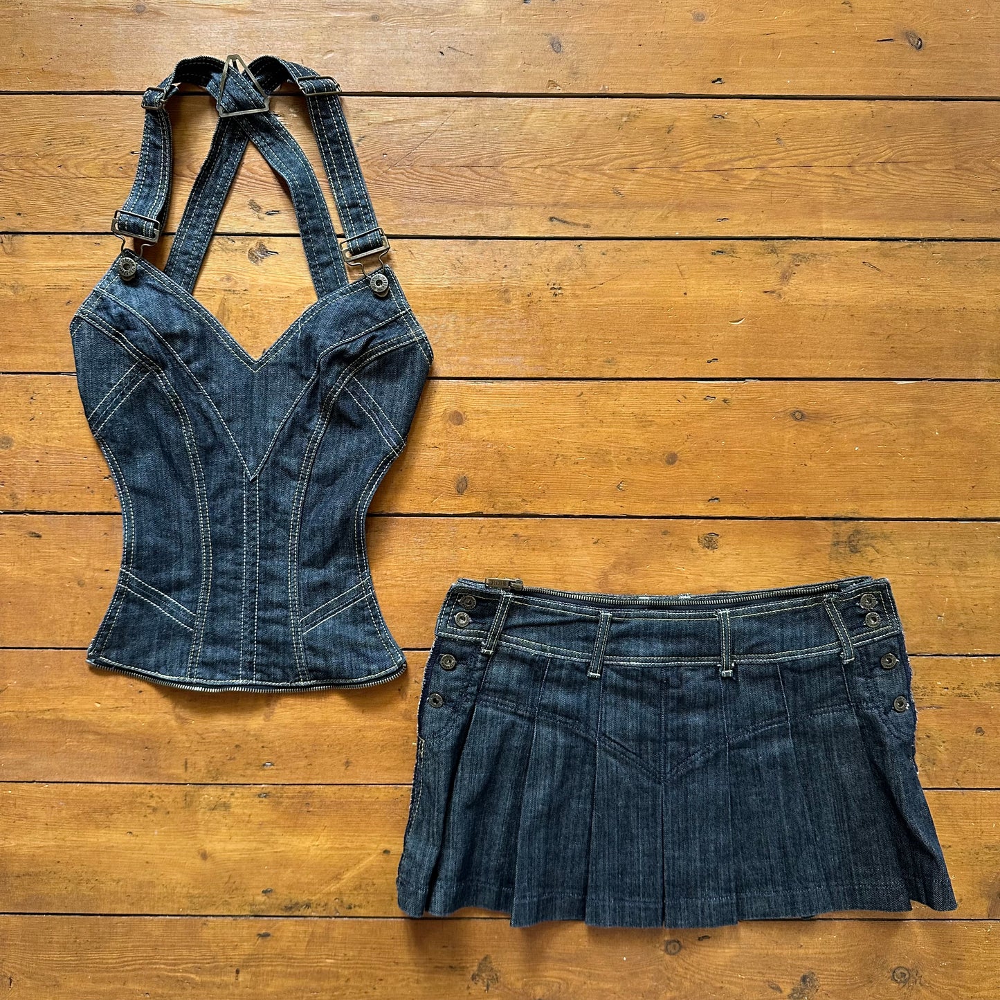 vintage 00s denim top and mini skirt co ord