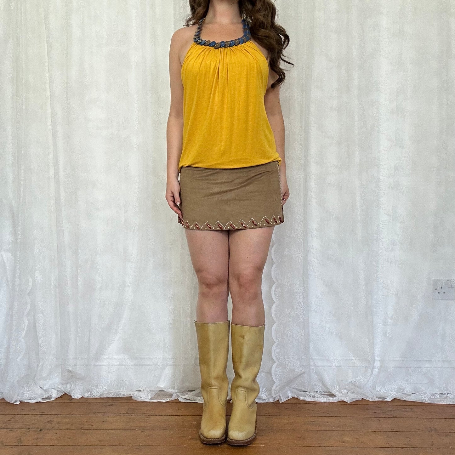 vintage 00s yellow beaded neck halter top