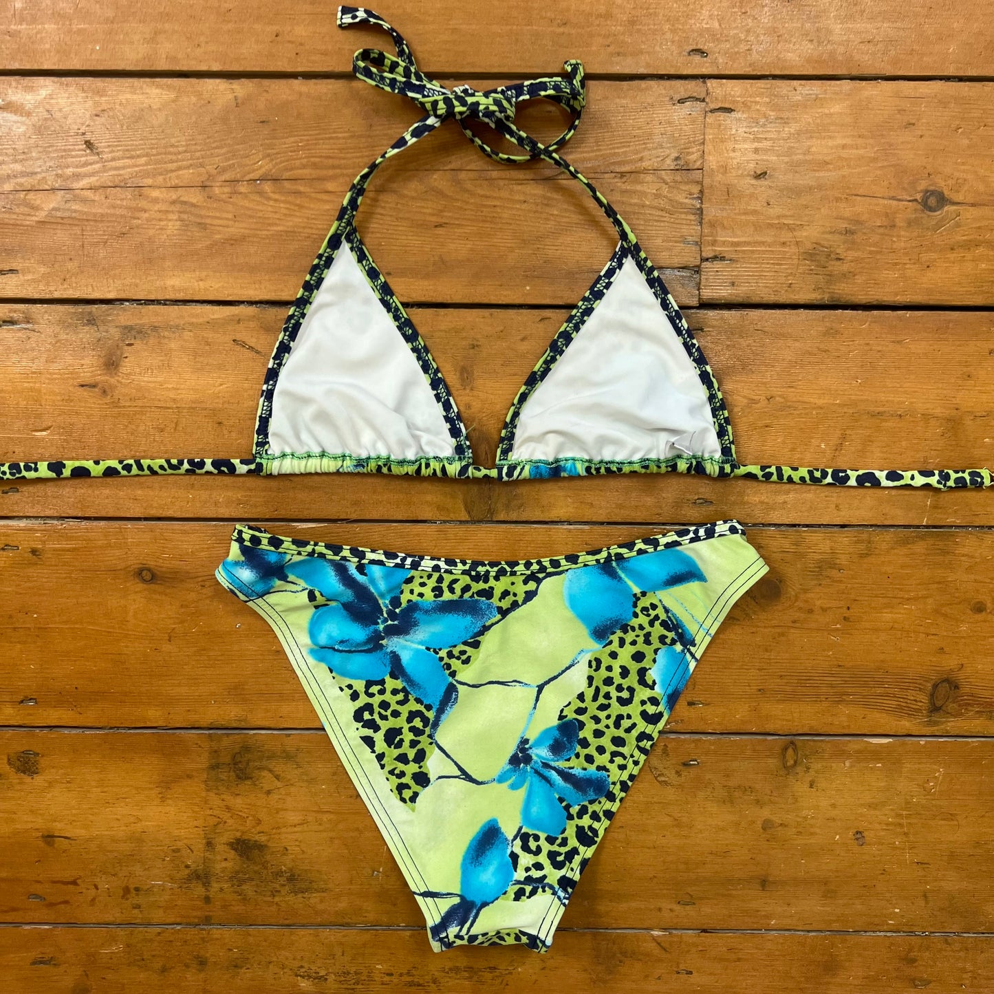 vintage 00s blue and green leopard print bikini set