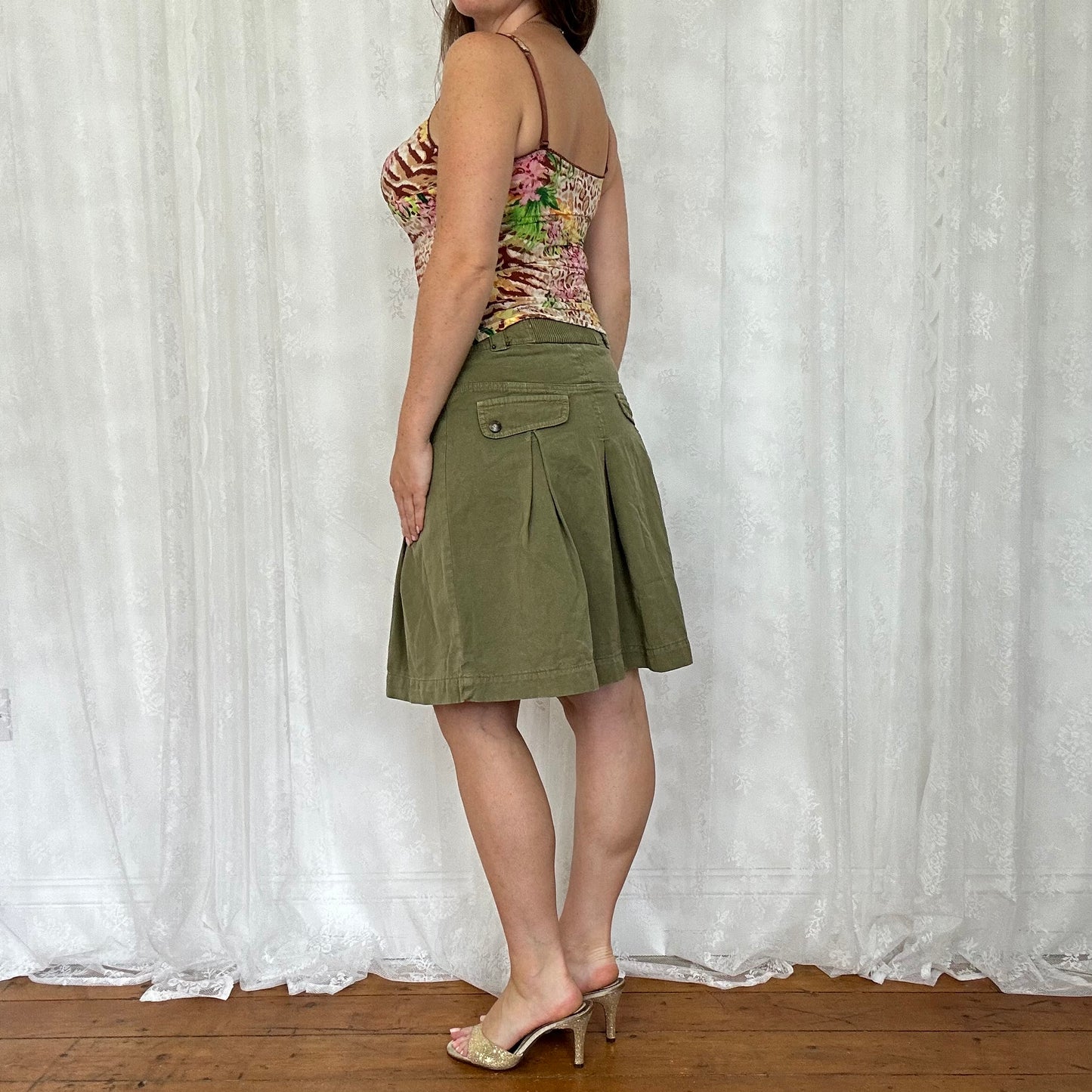 vintage 00s khaki cargo pleated midi skirt