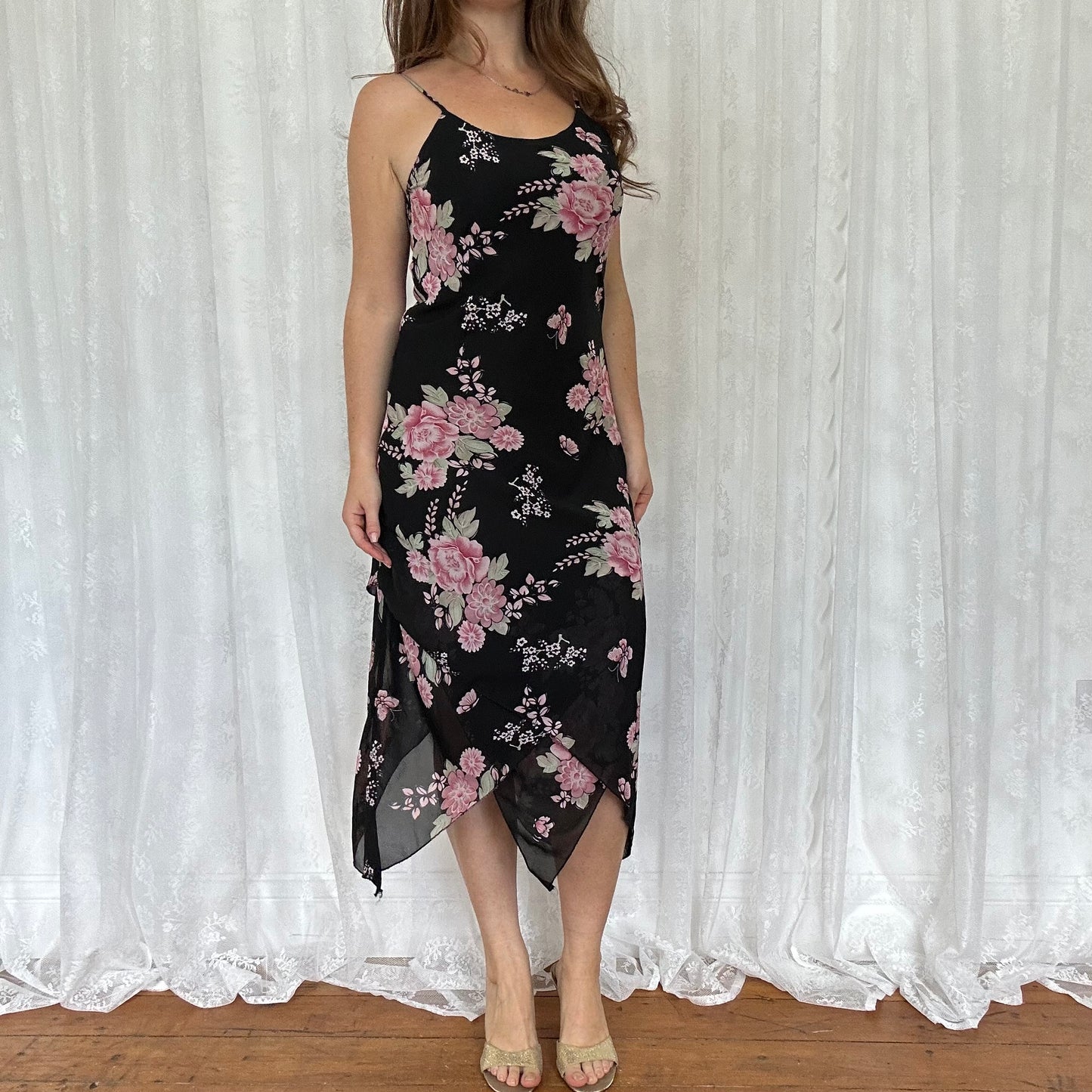 vintage 00s black floral midi dress