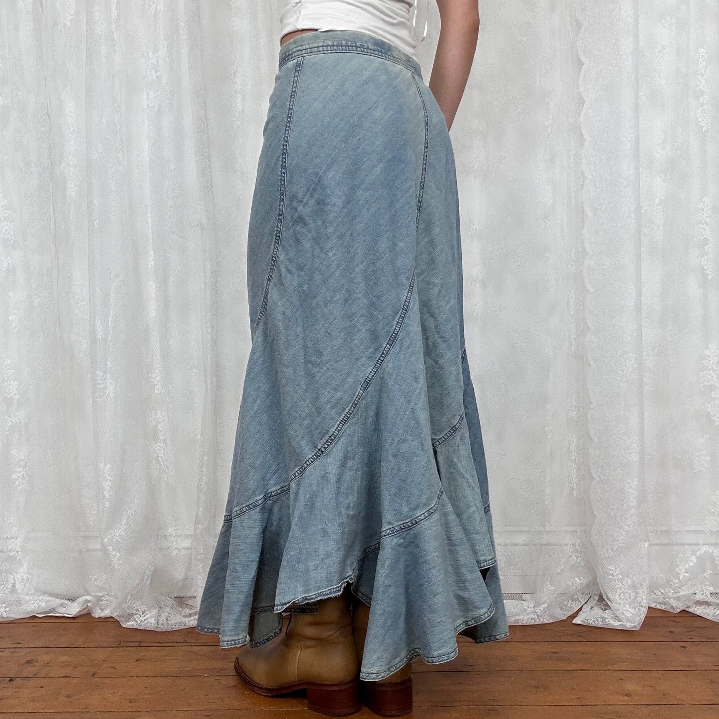 vintage 00s light wash denim pleated maxi skirt