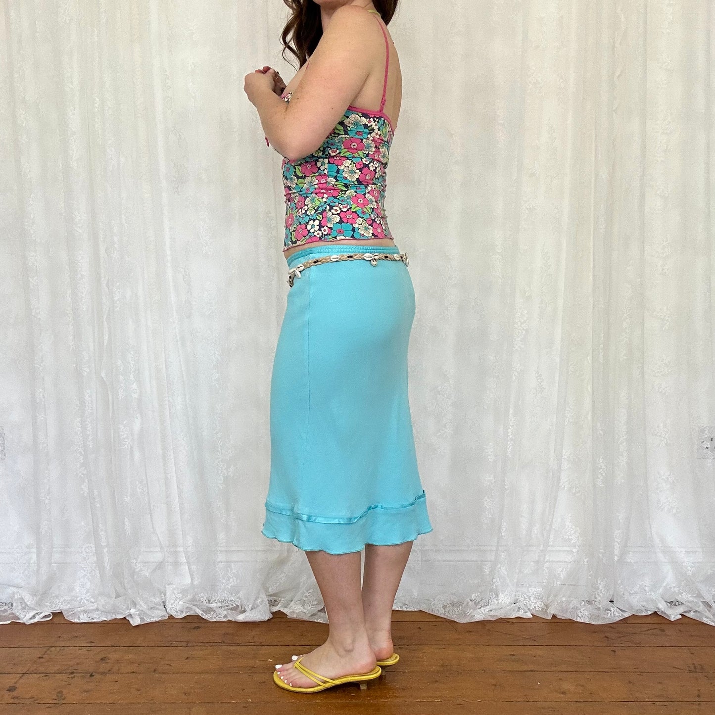 vintage 00s bright floral cami with pink lace trim