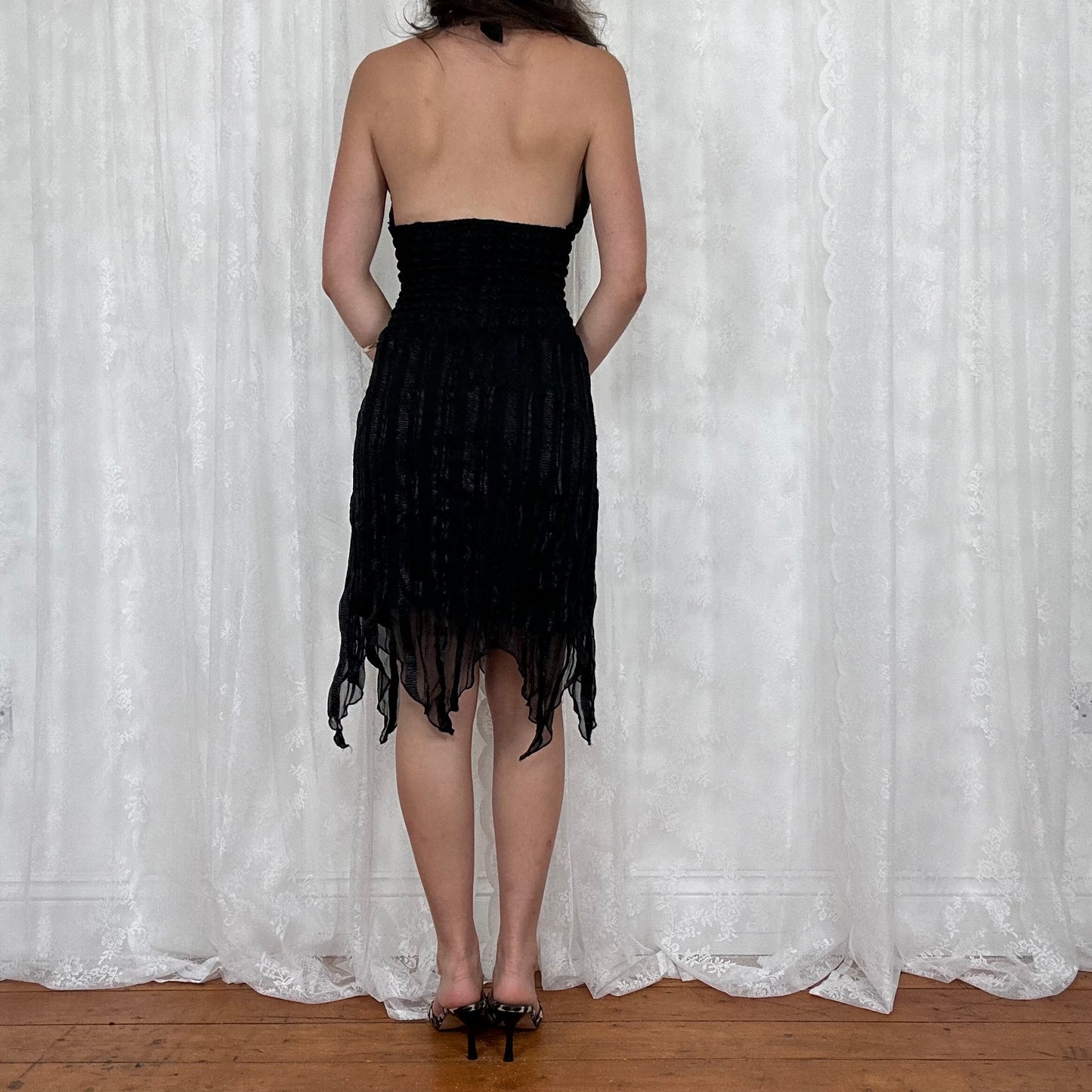 vintage 00s black shirred halter midi dress