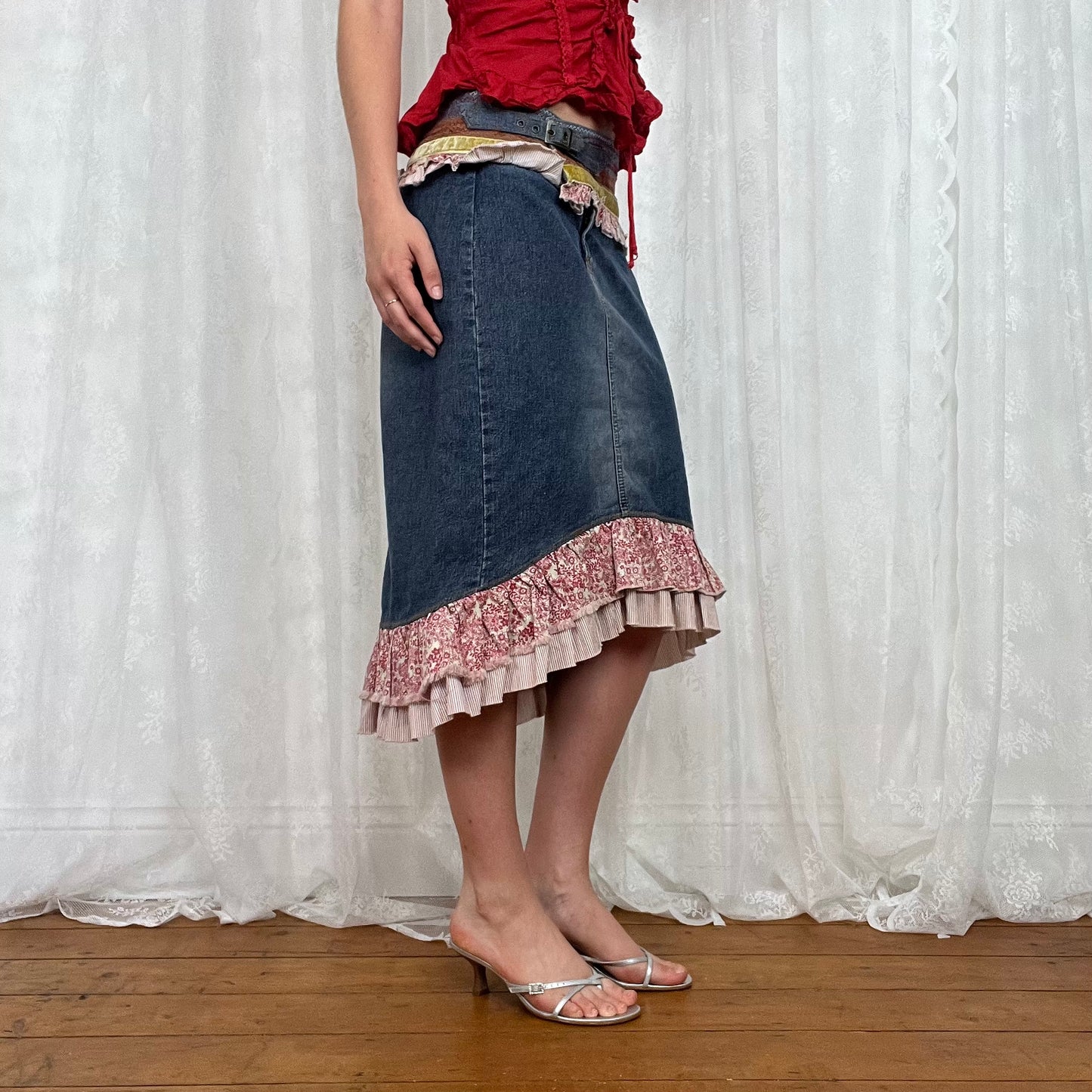 vintage 00s denim layered midi skirt