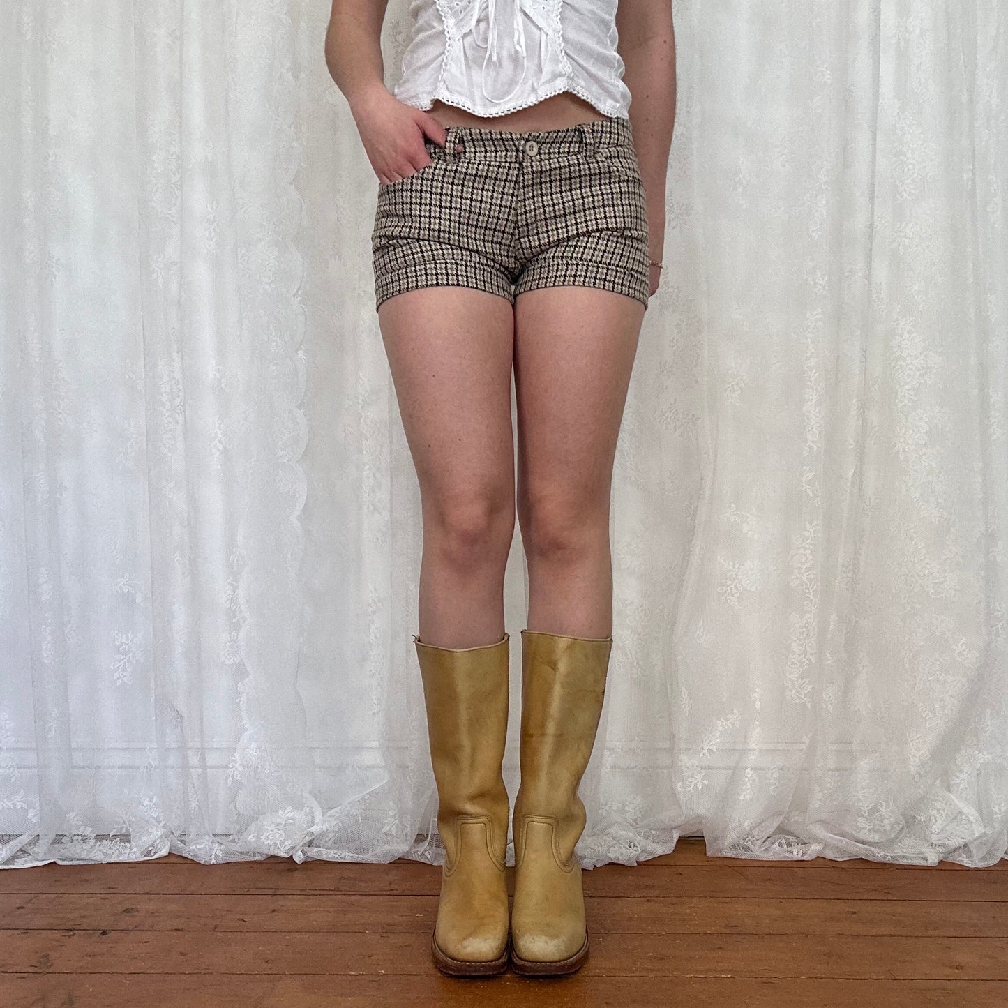 vintage 00s brown houndstooth mini shorts