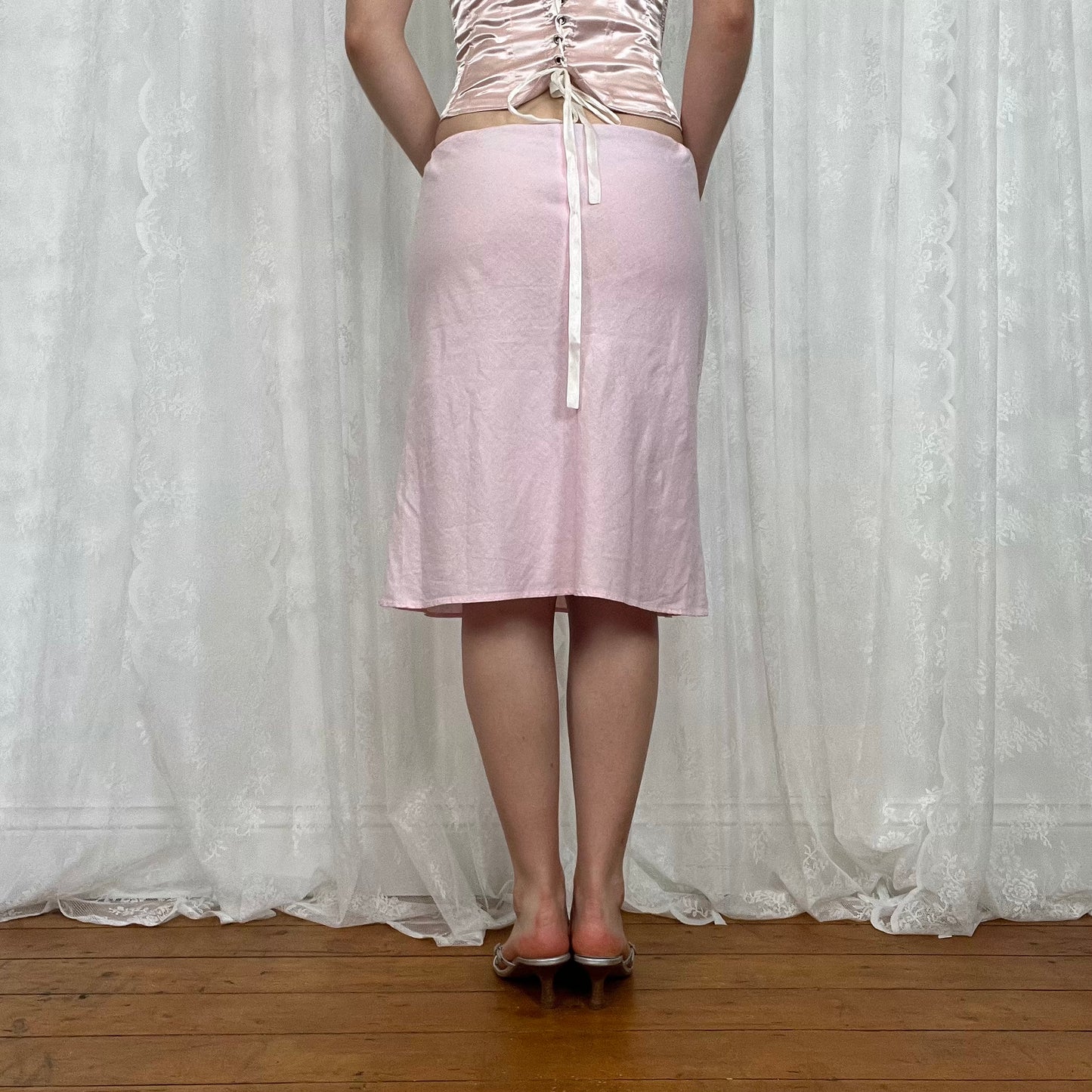 vintage 00s baby pink drawstring midi skirt
