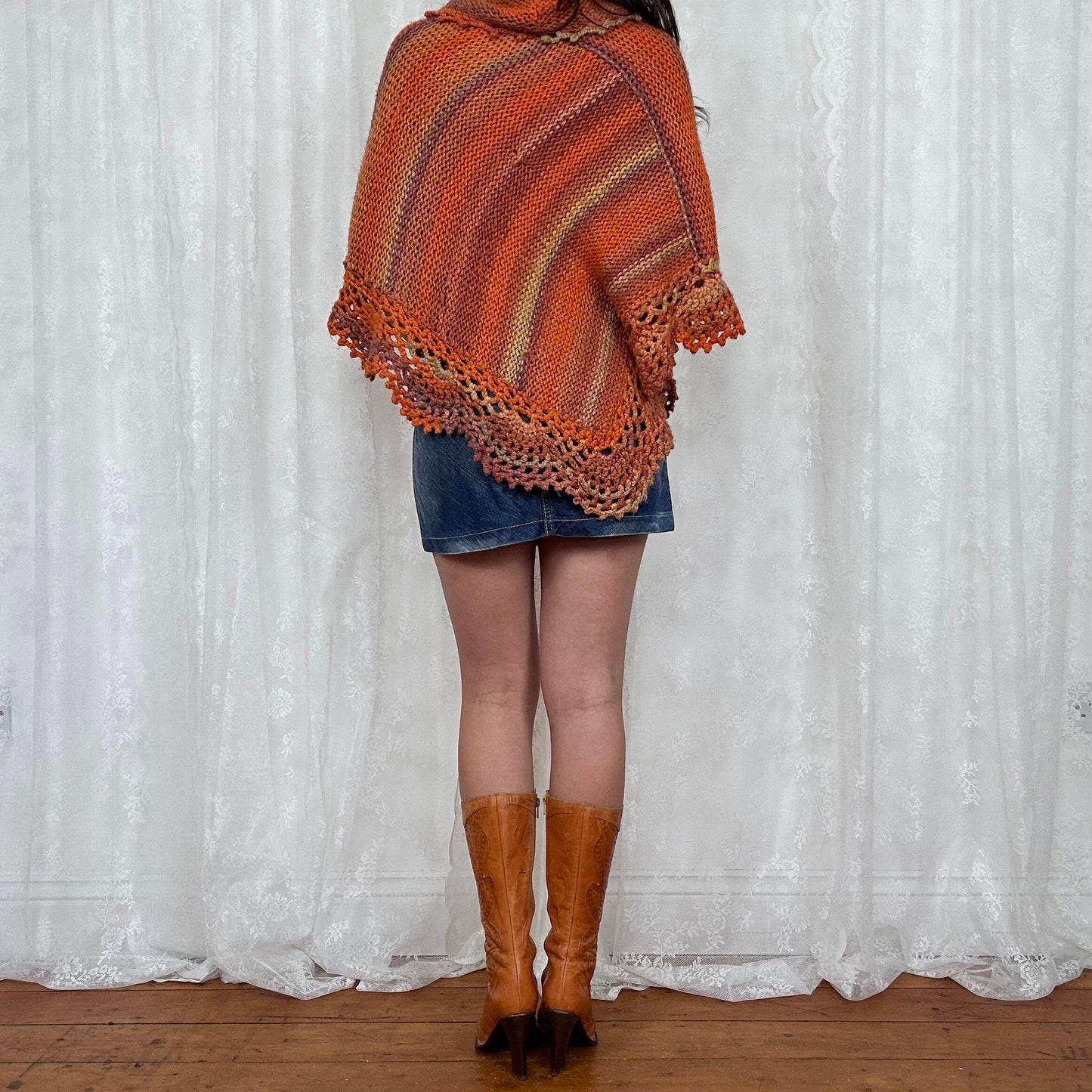 vintage 00s orange knitted turtleneck poncho