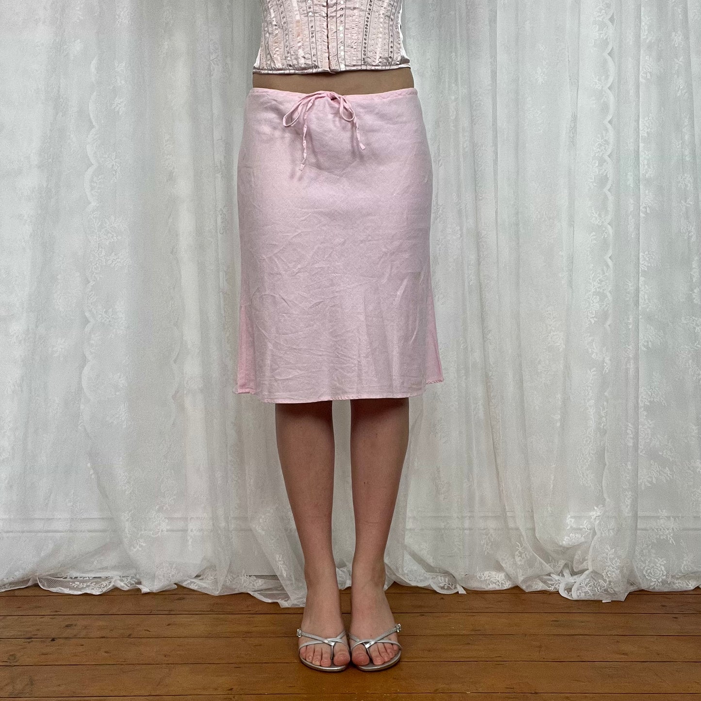 vintage 00s baby pink drawstring midi skirt