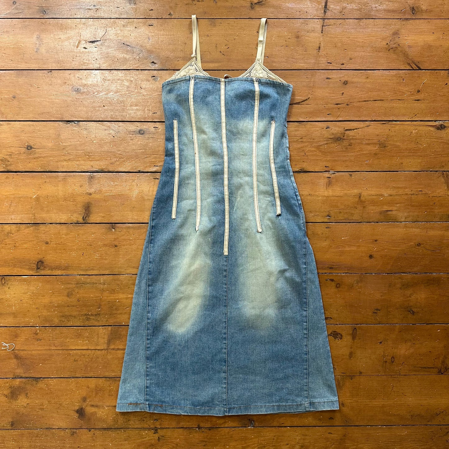 vintage 00s washed denim midi dress with beige inserts