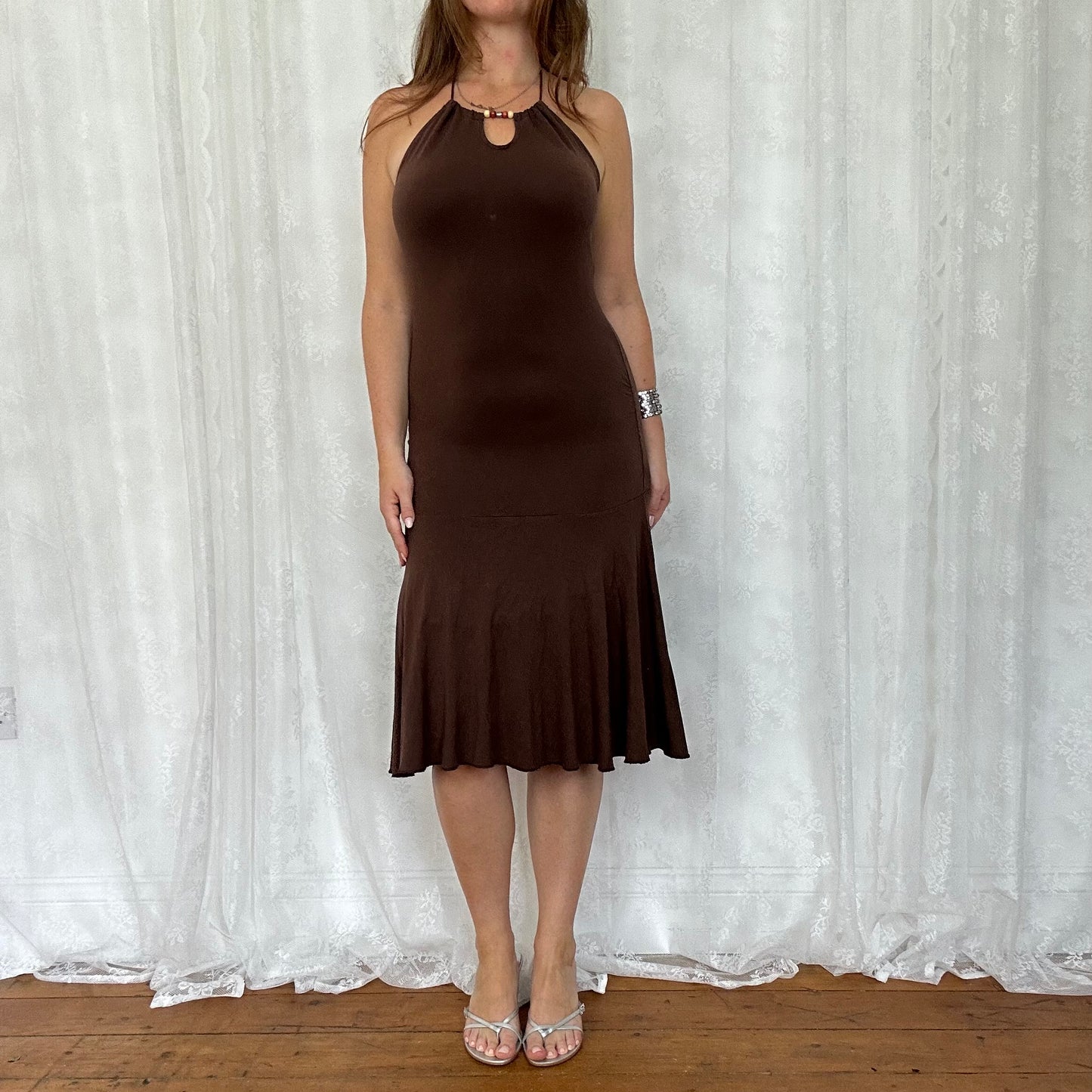vintage 00s brown halter midi dress with bead detailing