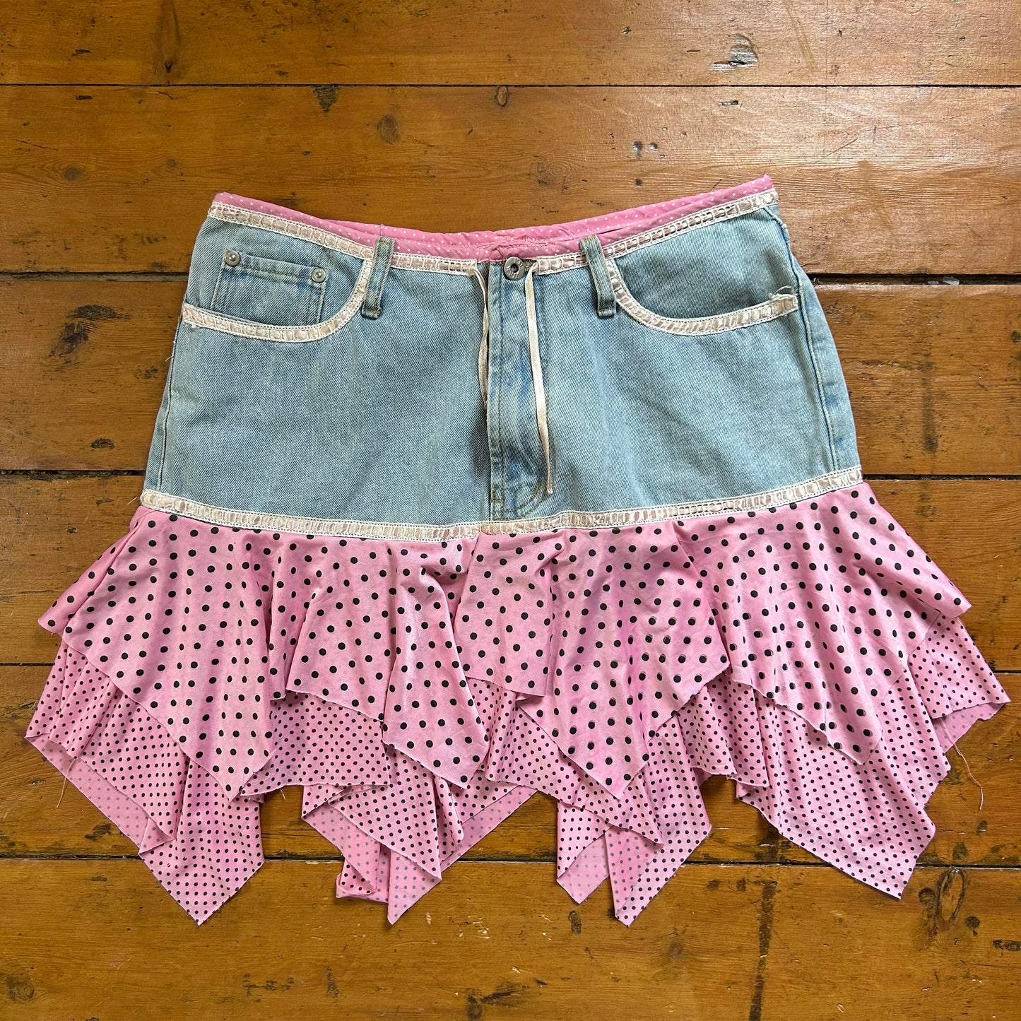 vintage 00s pink and black polka dot denim mini skirt