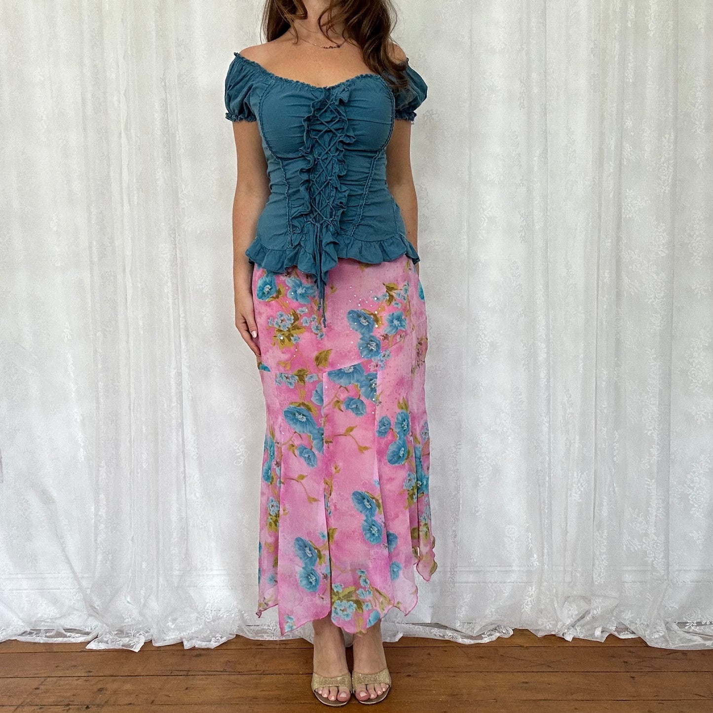 vintage 00s petrol blue tie up milkmaid top