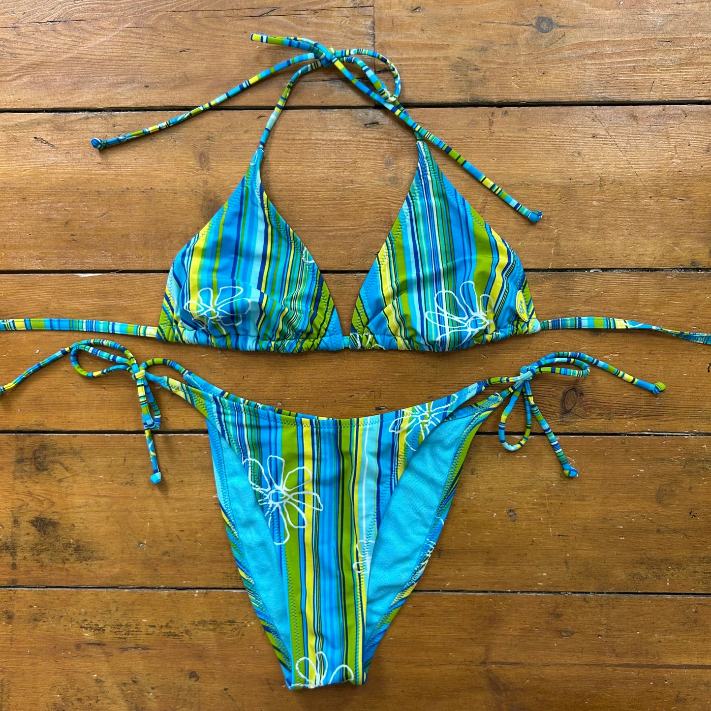 vintage 00s blue stripey floral bikini set