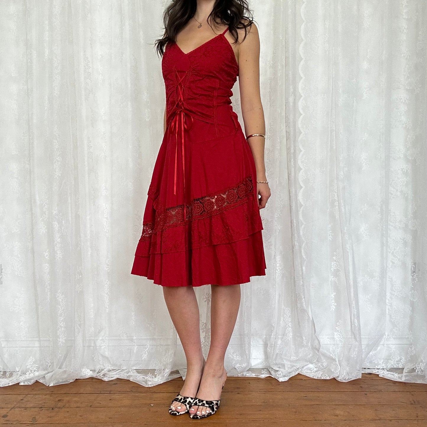 vintage 00s red corset tie up summer dress