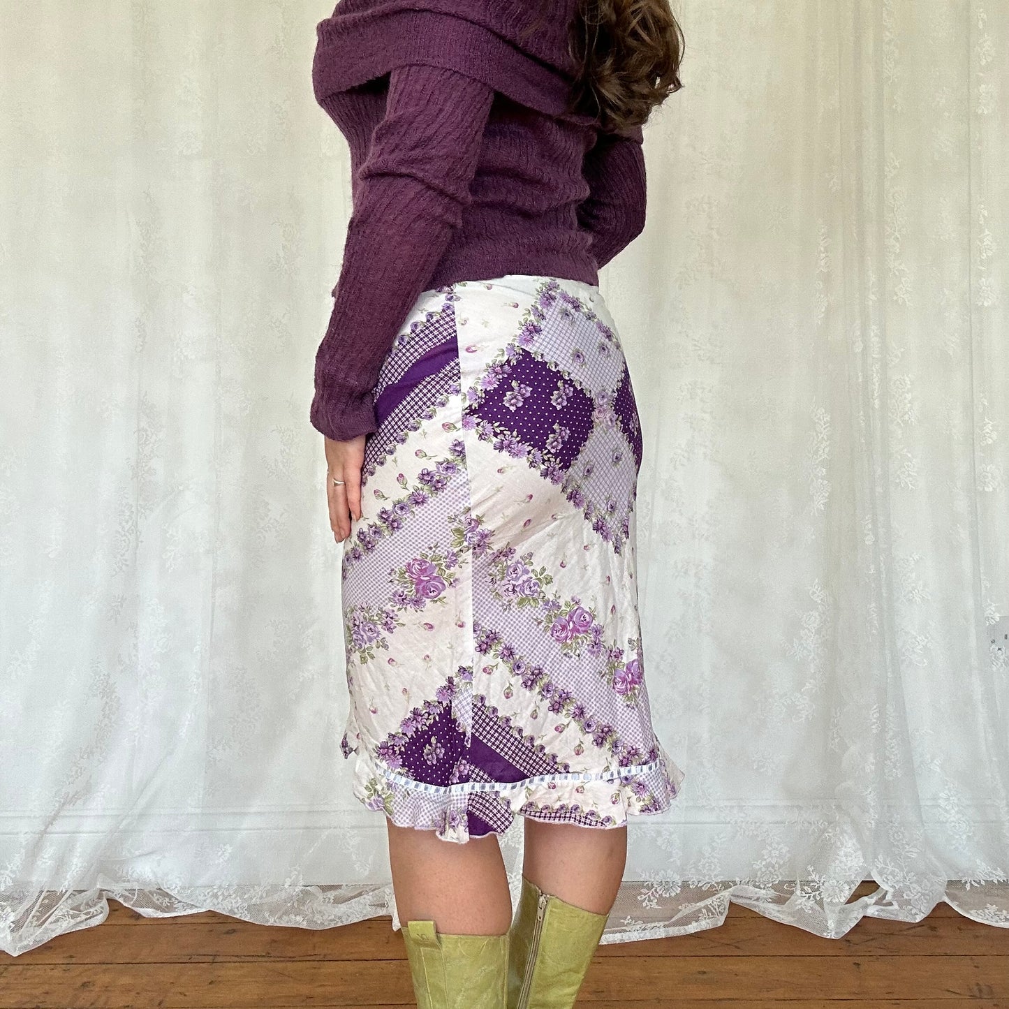 vintage 00s purple floral patchwork asymmetrical midi skirt