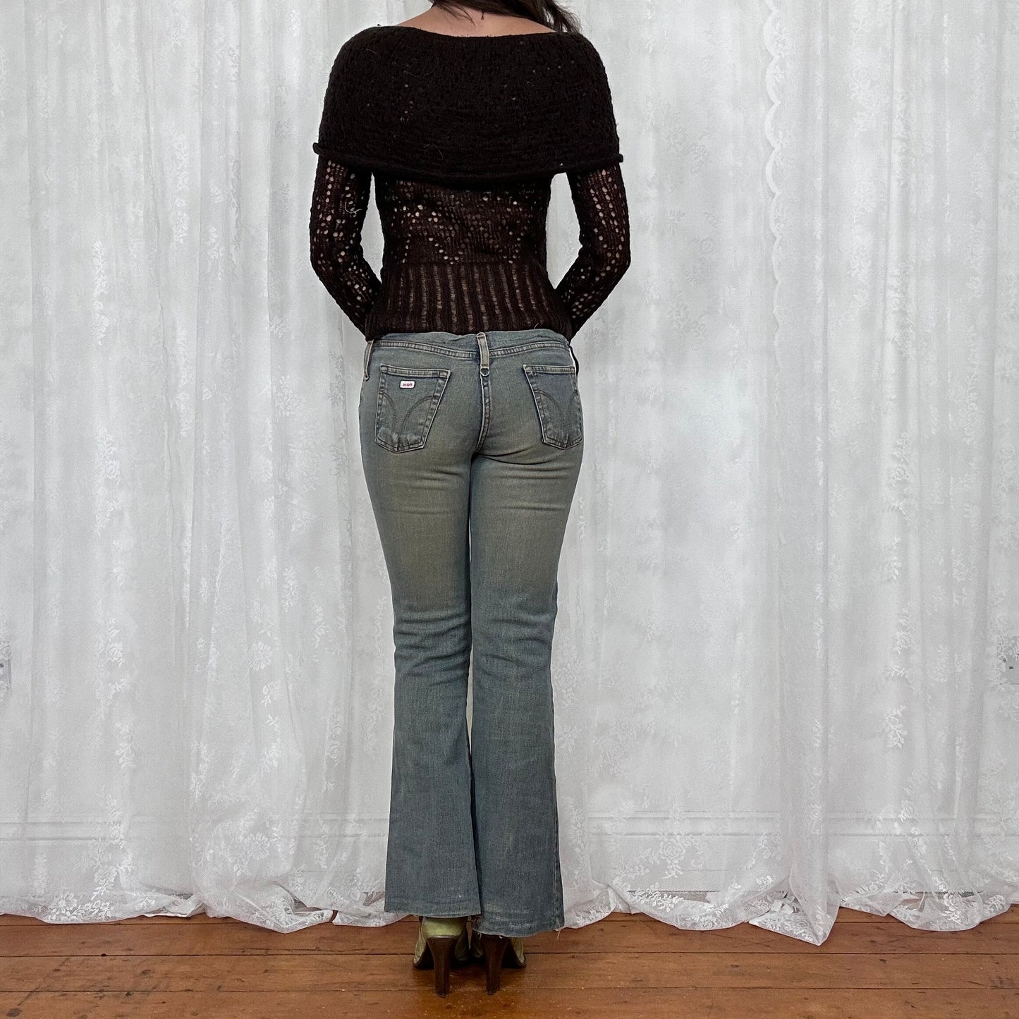 vintage 00s brown crochet knitted off shoulder jumper with rose