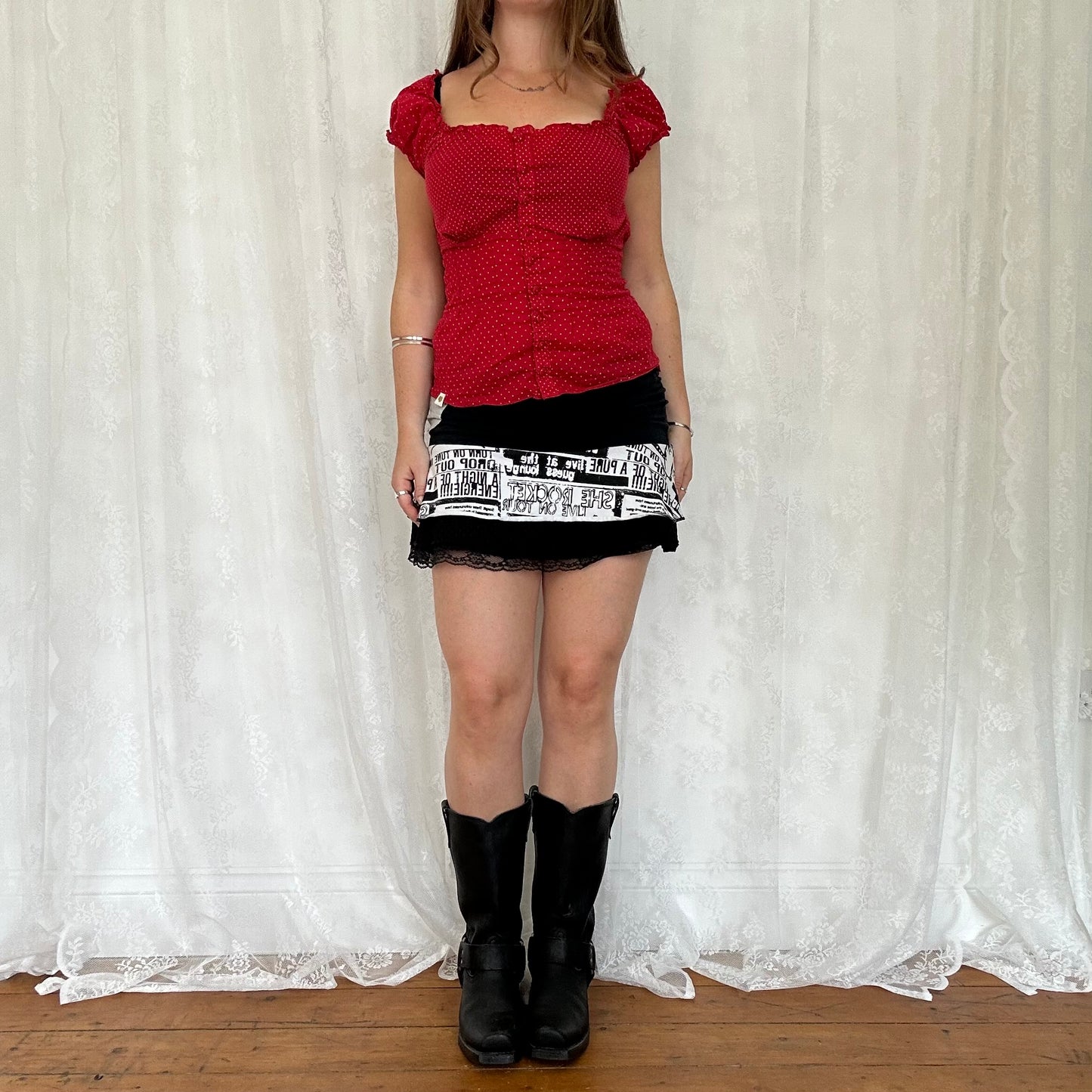 vintage 00s red polka dot tie back milkmaid top