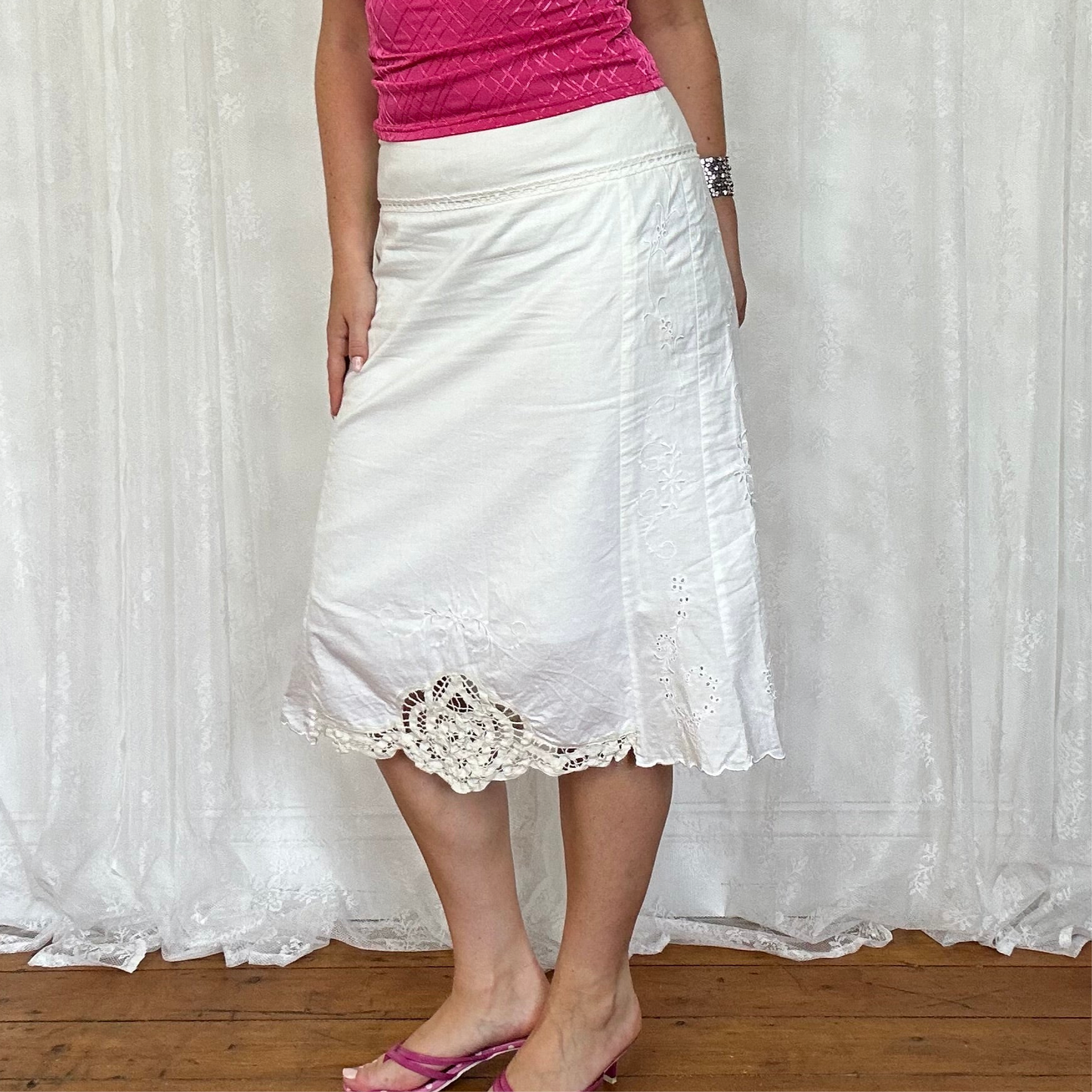 vintage 00s white broderie midi skirt with mother of pearl buttons