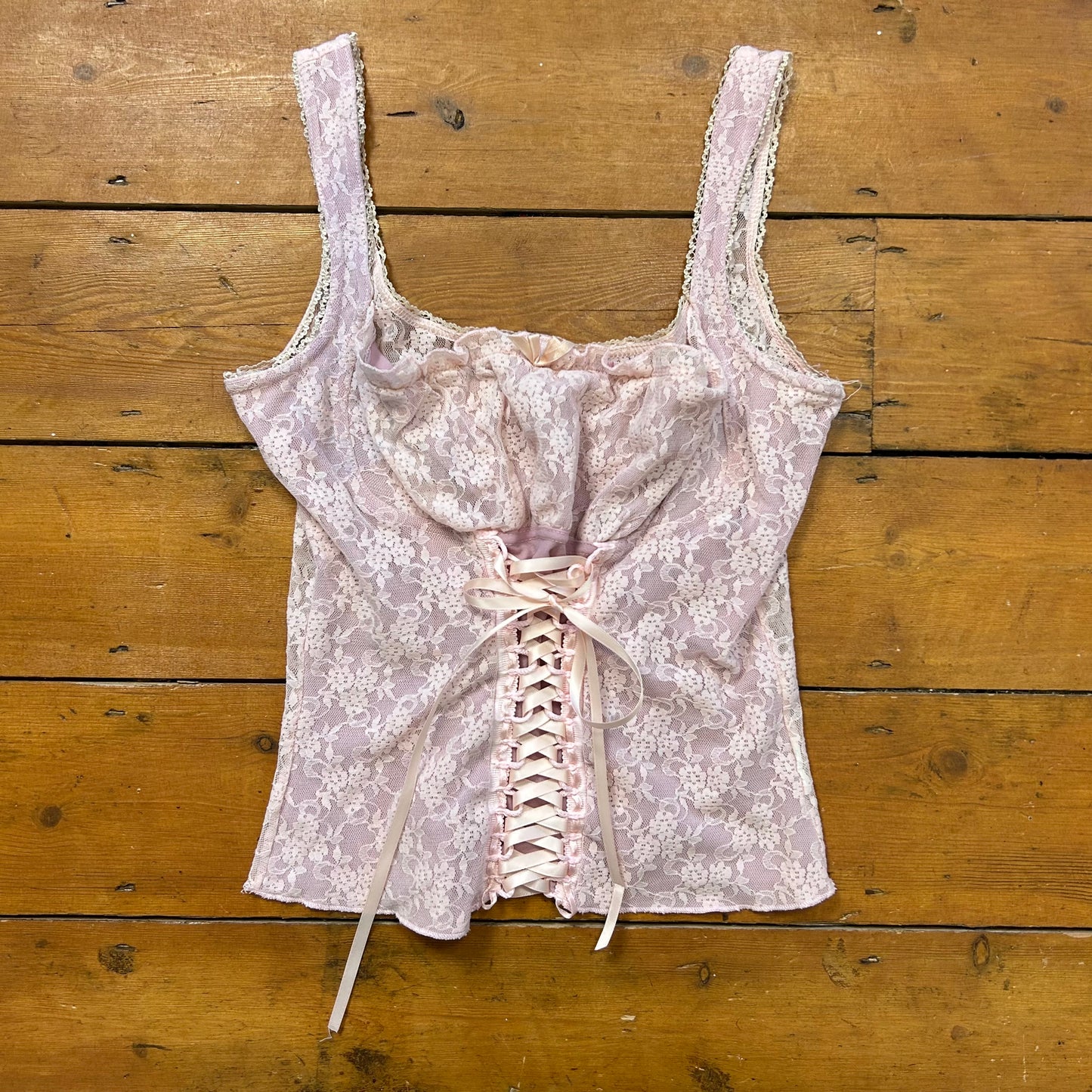vintage 00s baby pink lace milkmaid top