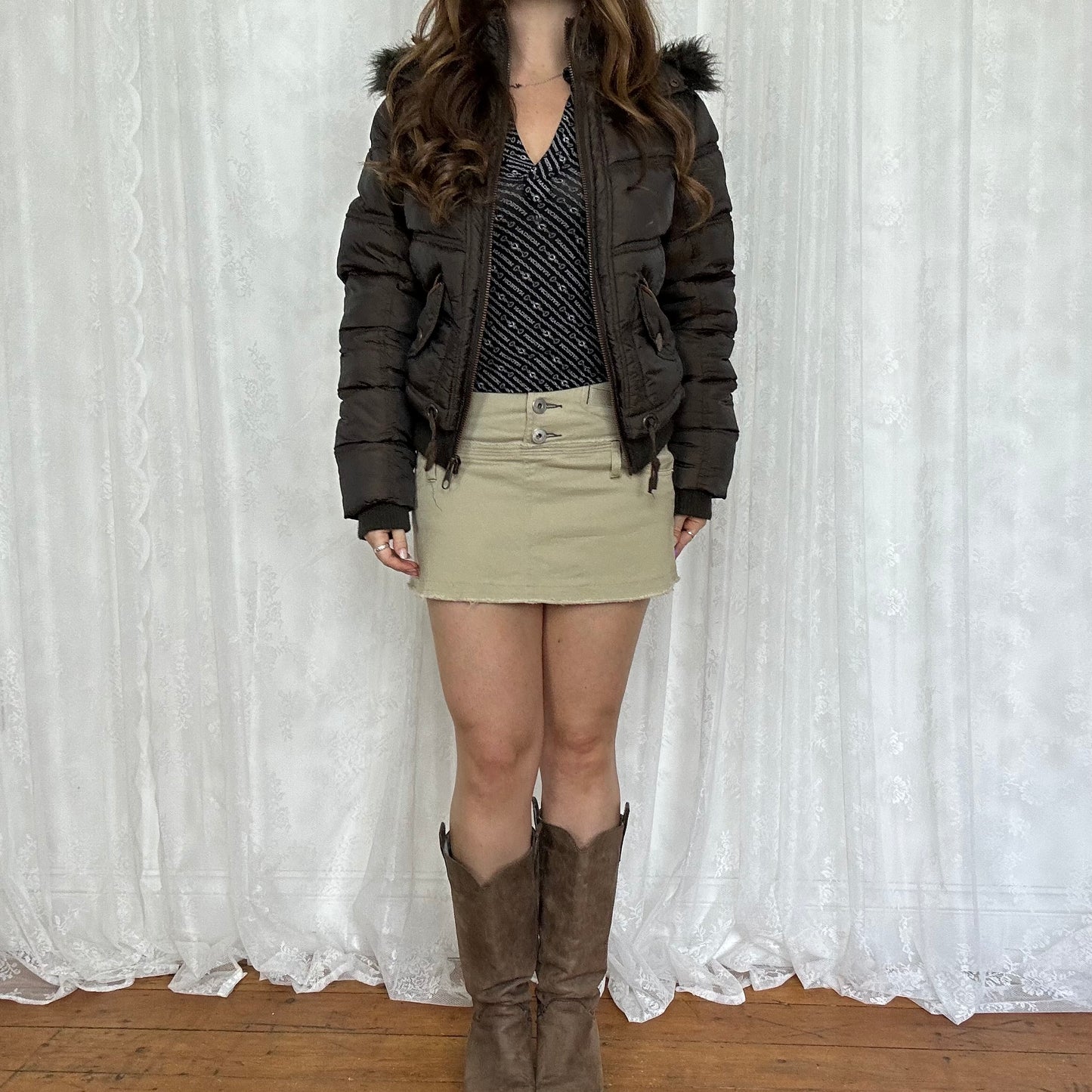 vintage 00s brown zip hooded puffer jacket