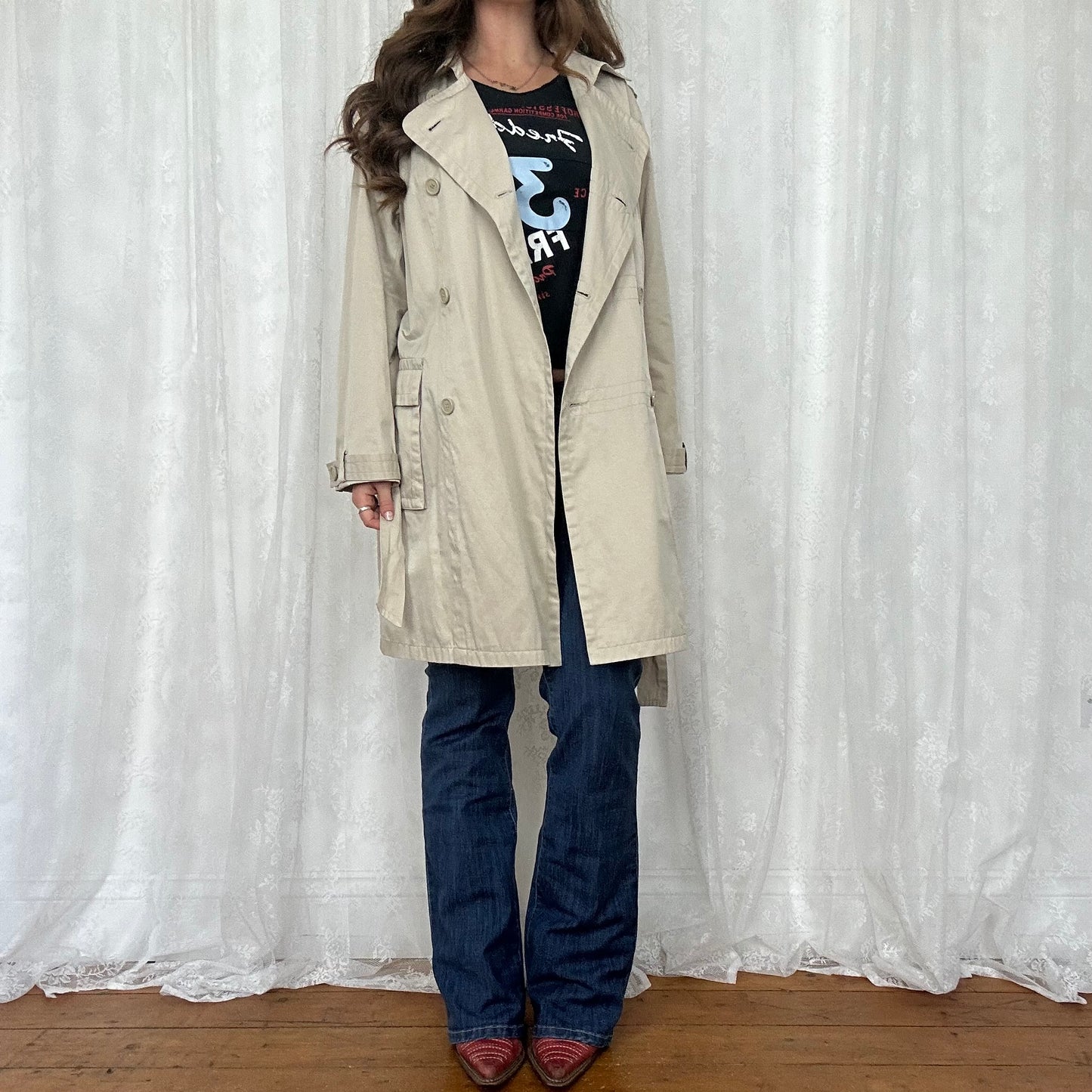 vintage 00s beige button up trench coat