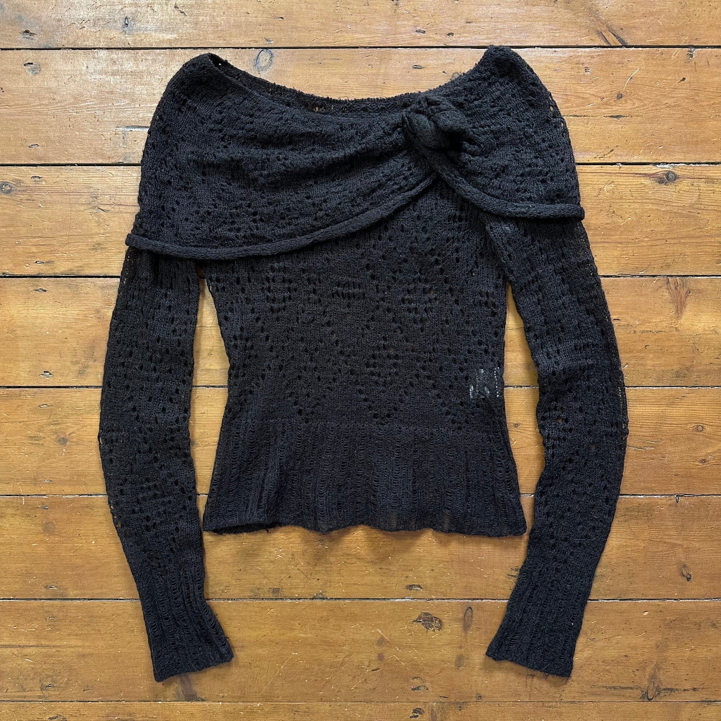 vintage 00s brown crochet knitted off shoulder jumper with rose