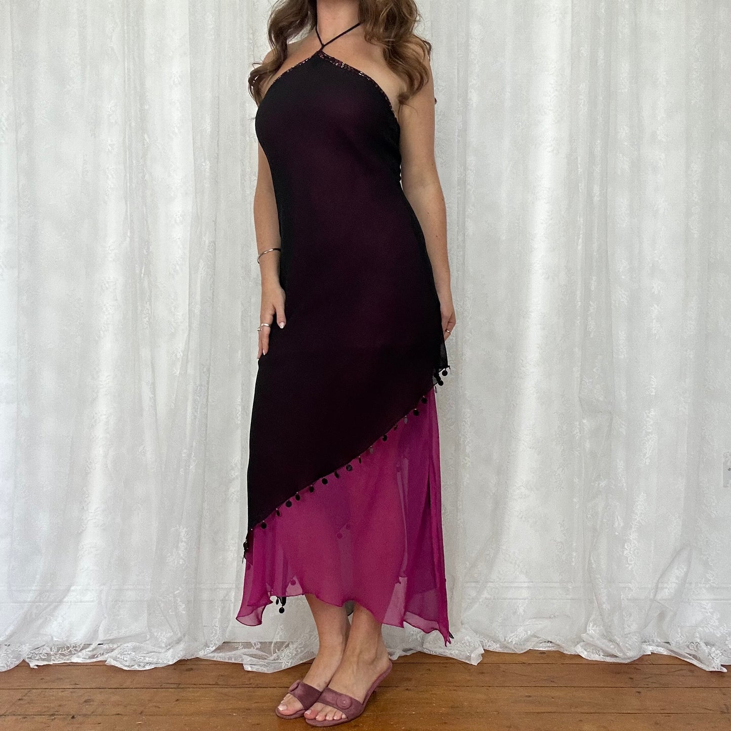 vintage 00s rene derhy pink and black sequin mesh midi dress