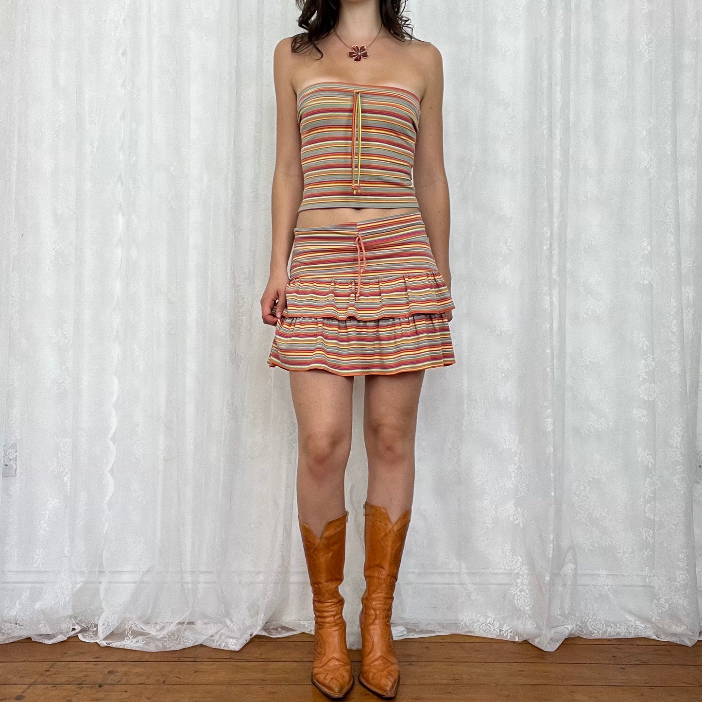 vintage 00s rainbow striped bandeau and ruffle mini skirt co ord