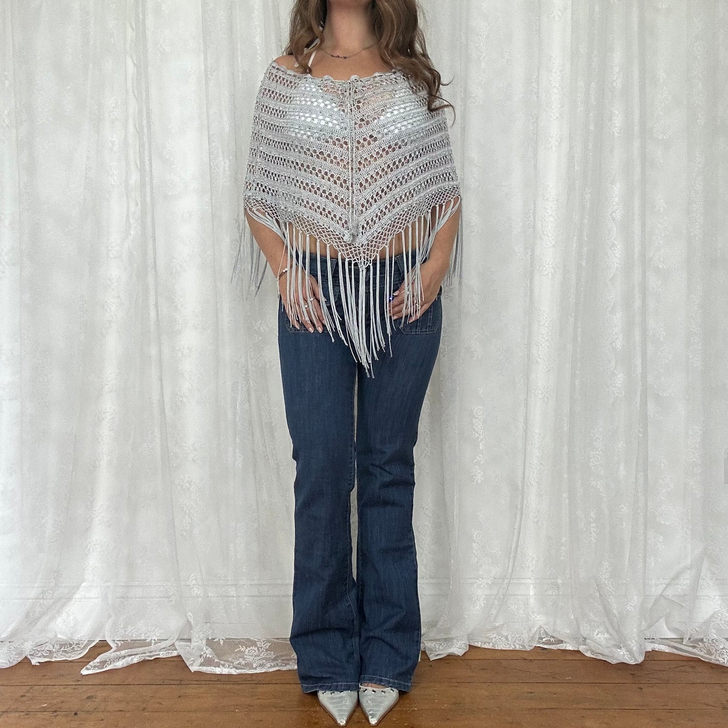 vintage 00s silver crochet poncho