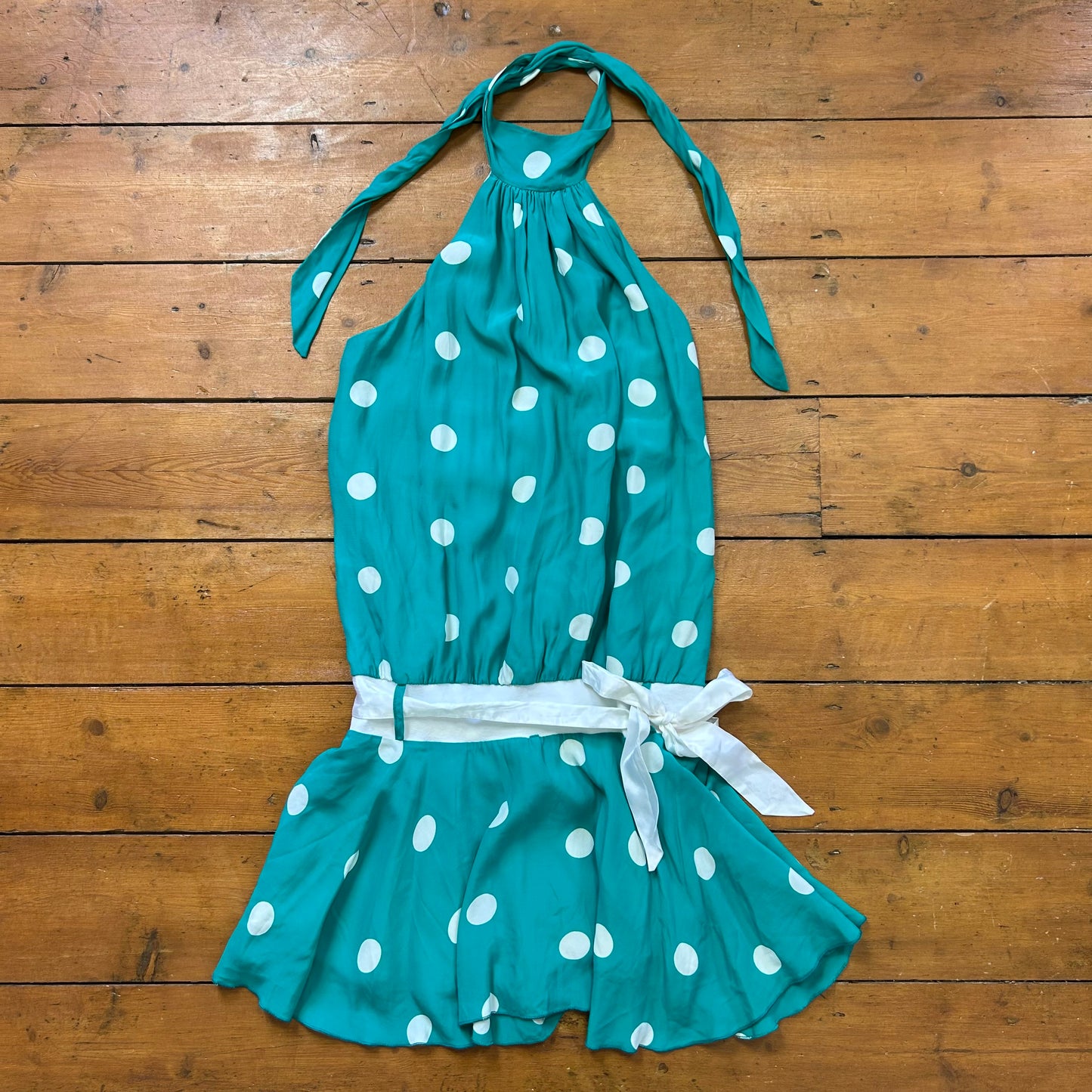 vintage 00s green polka dot halter dress