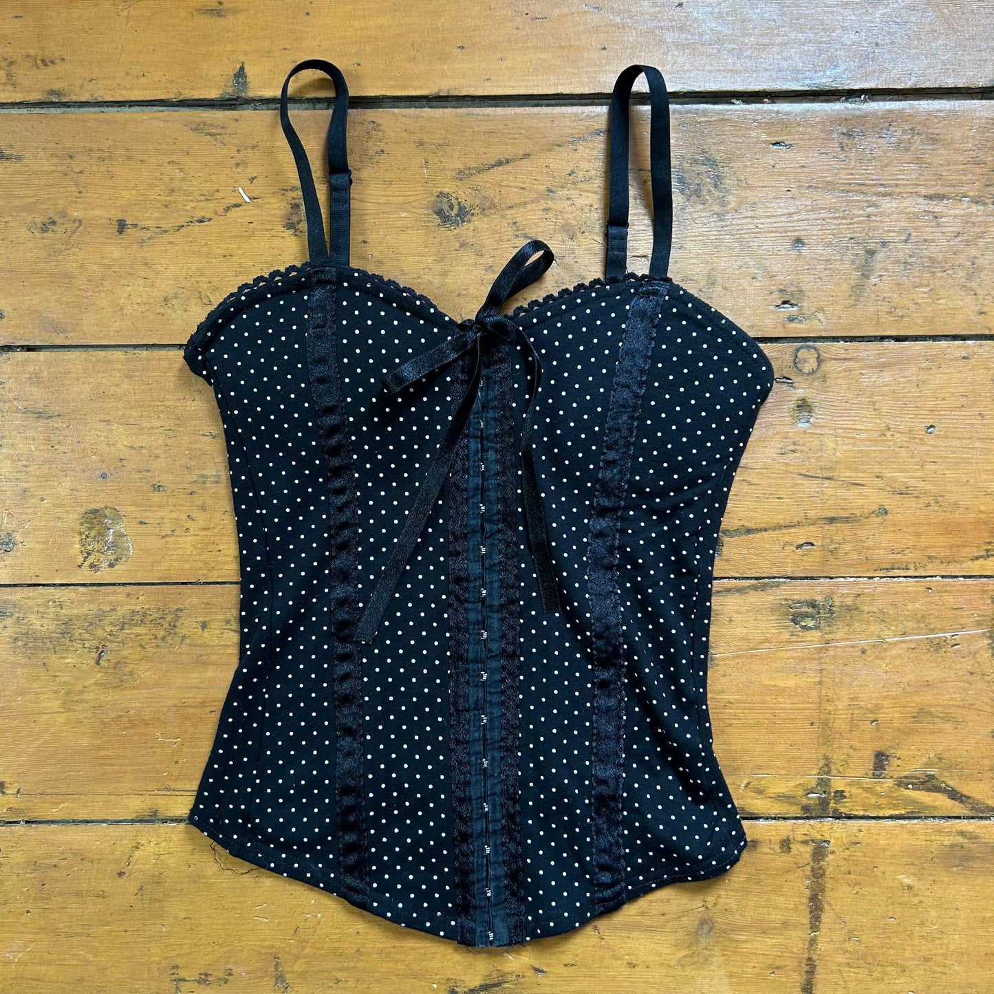 vintage 00s black polka dot hook and eye cami top