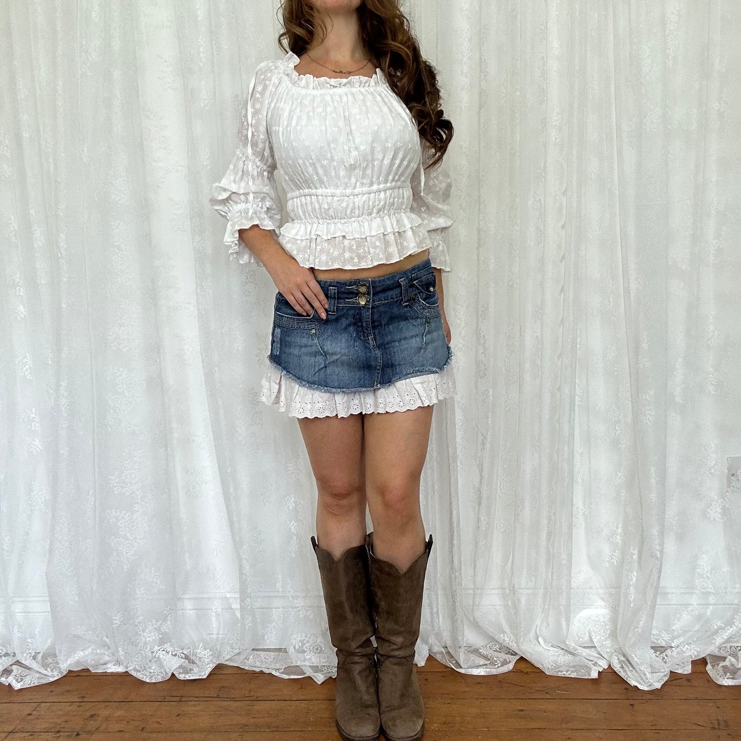 vintage 00s denim mini skirt with broderie trim