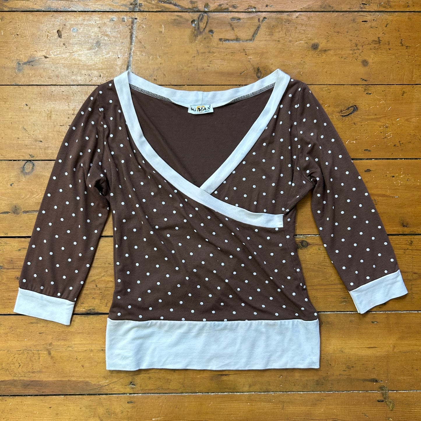 vintage 00s brown polka dot crop sleeve top
