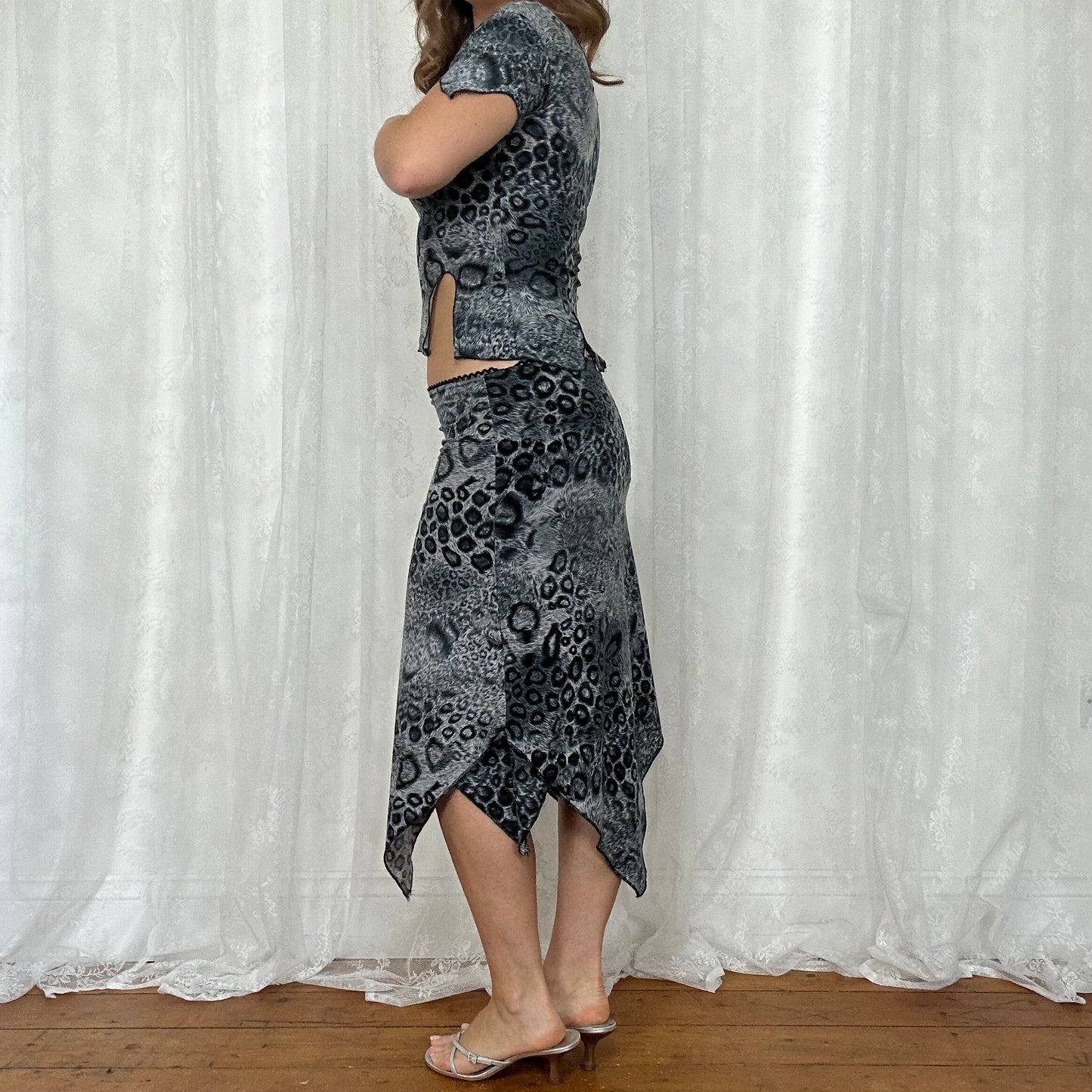 vintage 00s grey animal print asymmetrical top and skirt co ord