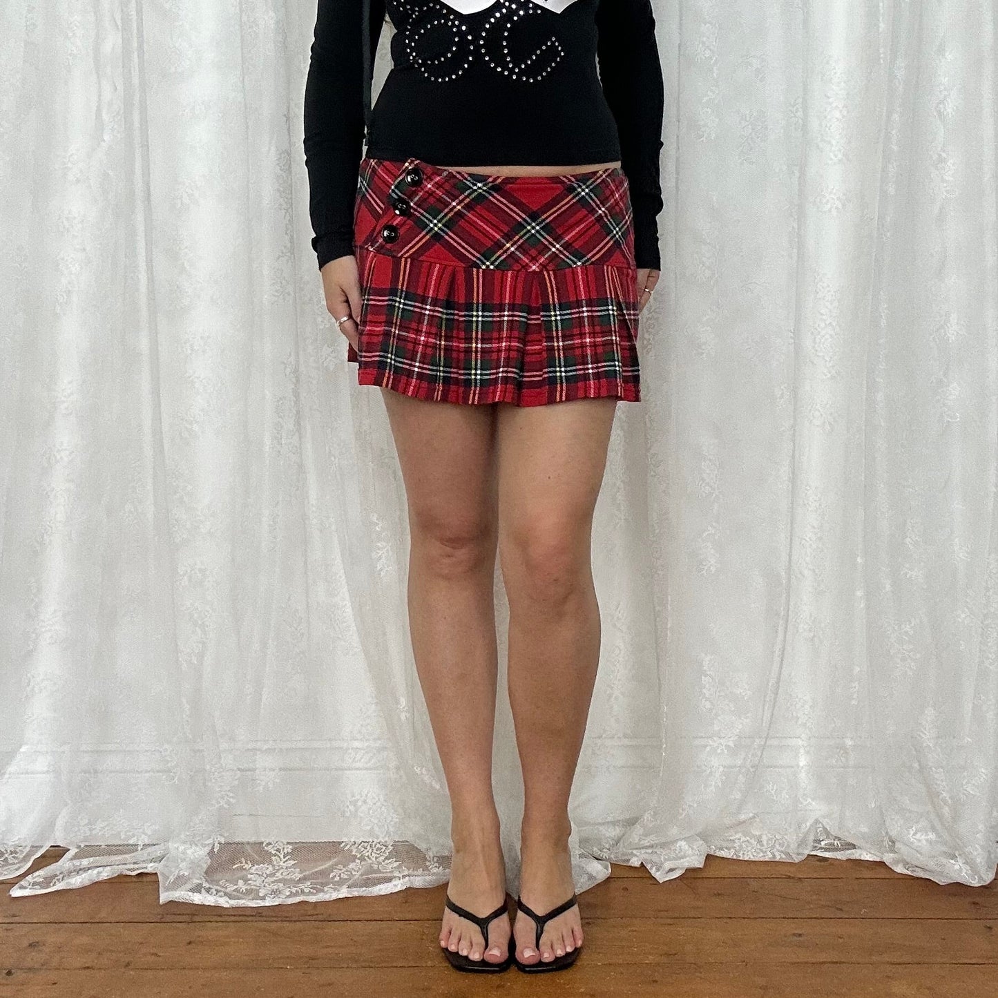 vintage 00s red tartan pleated mini skirt with matching scarf