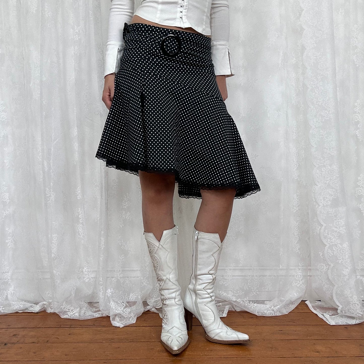 vintage 00s black polka dot asymmetrical midi skirt with belt